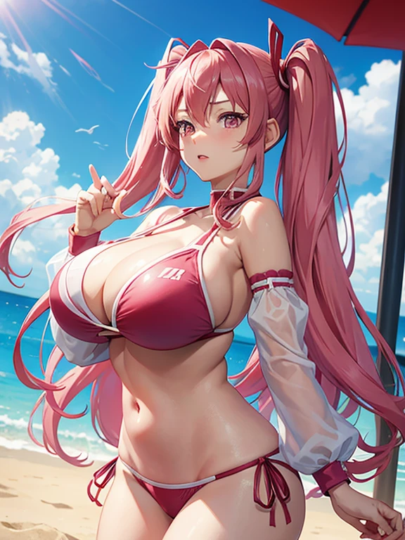 anime (Hundred), lady , sexy (very big boobs), actress (Sakura Kirishima) , pink long hair to hip / past hip length , pink eyes, twintails, hair ribbons, flower, detached sleeves, headset, bikini, She is playing beach volleyball