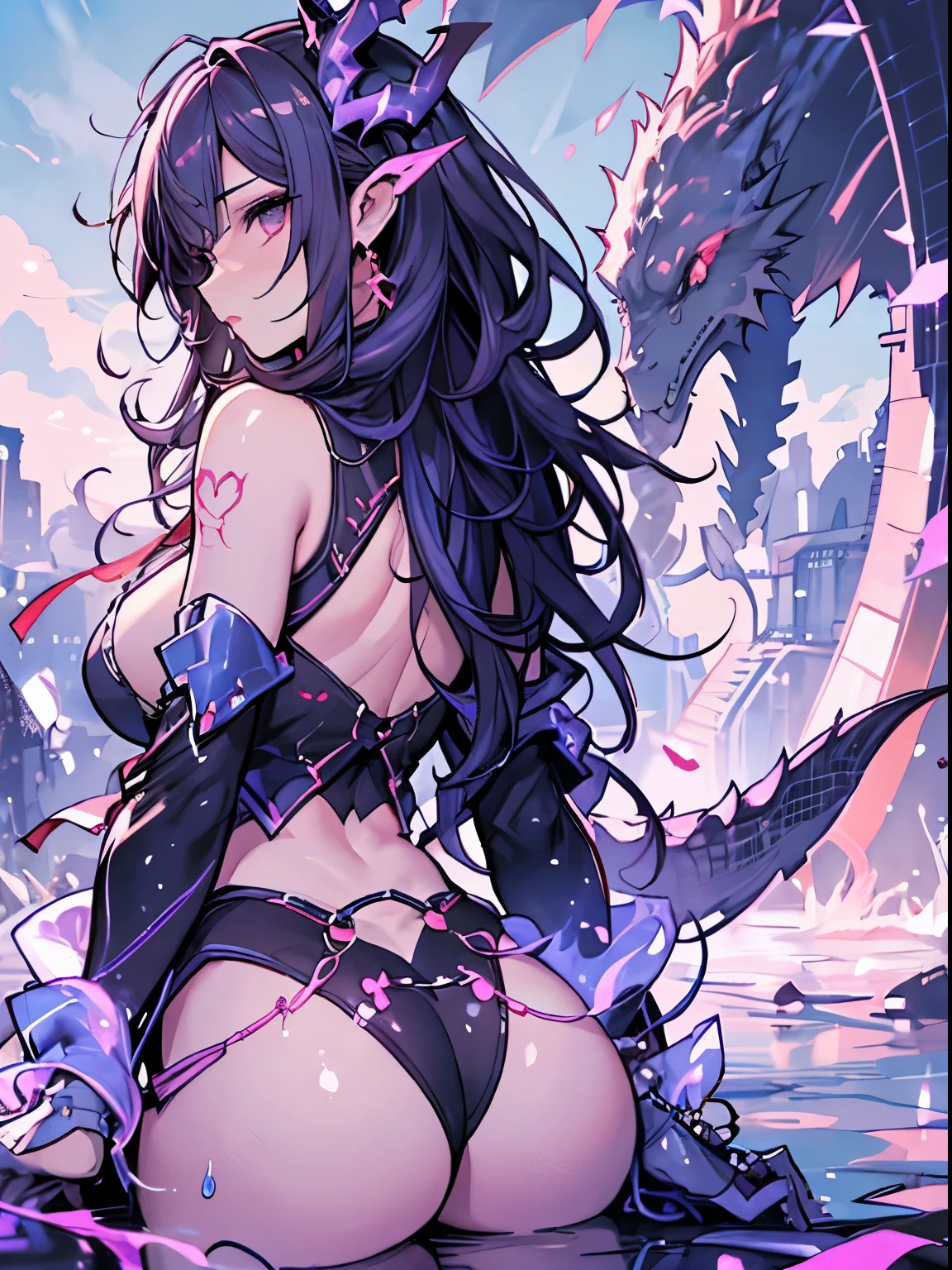 best qualtiy, 超A high resolution, detail portrayal, from behind, Beautuful Women, large full , detailed dragon tattoo on back, Fluffy clothes,