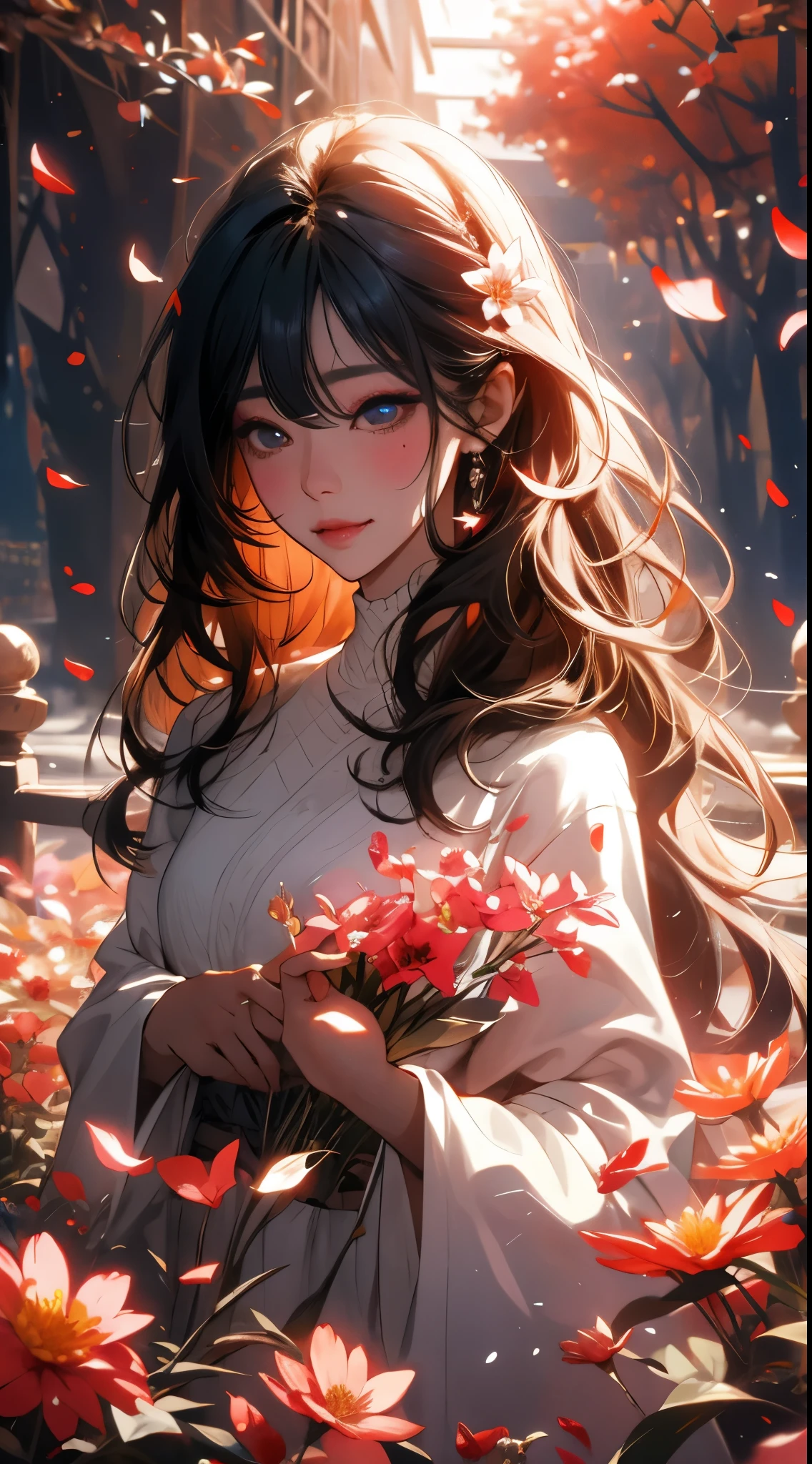 1 Girl walking by the river, mix4, Sweaters, pillow head, beak唇, avaeak, actual, photore_(middling), Alone, filled_critters, filled_toys, 泰迪bjørn_bjørn,(tmasterpiece),(photoreactual:1.3), ultra - detailed, (highdetailskin:1.2),(Best quality at best:1.0), (Ultra-high sharpness:1.0), (ulzzang-6500:0.3), wavy fine hair, long whitr hair, rays of sunshine, (Beautiful and detailed makeup), (Sexual arousal, blushing, heavy breathing:1.0), Flower theme flower petals scattered, (soft glow bloom:0.5)