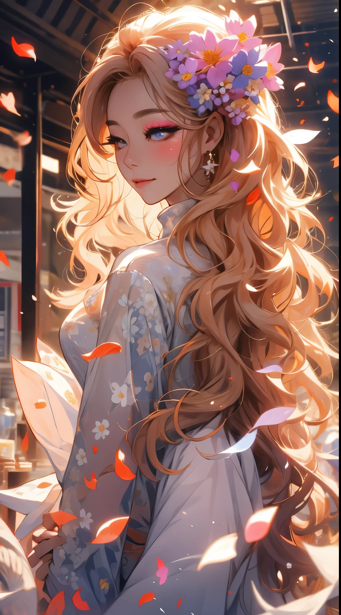 1 Girl walking by the river, mix4, Sweaters, pillow head, beak唇, avaeak, actual, photore_(middling), Alone, filled_critters, filled_toys, 泰迪bjørn_bjørn,(tmasterpiece),(photoreactual:1.3), ultra - detailed, (highdetailskin:1.2),(Best quality at best:1.0), (Ultra-high sharpness:1.0), (ulzzang-6500:0.3), wavy fine hair, long whitr hair, rays of sunshine, (Beautiful and detailed makeup), (Sexual arousal, blushing, heavy breathing:1.0), Flower theme flower petals scattered, (soft glow bloom:0.5)