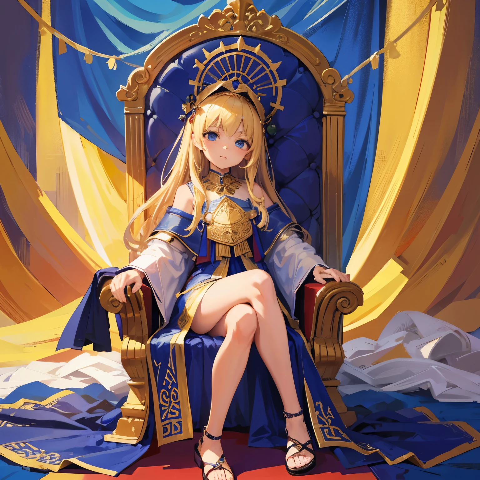 textile of destiny background sitting in a throne Greek-style clothing 7、A blonde girl around 8
