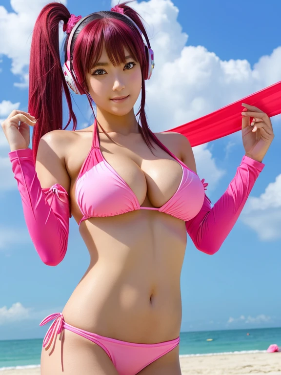 anime (Hundred), lady , sexyery big boobs),ess (Sakura Kirishima) , pink long hair to hip / past hip length , pink eyes, twintails, hair ribbons, flower, detached sleeves, headset, bikini, She is playing beach volleyball