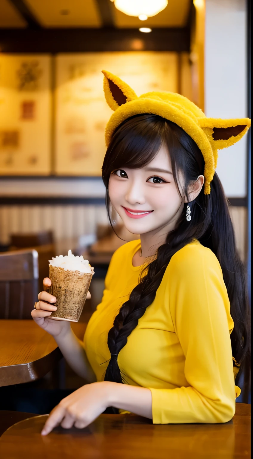 (best quality, ultra high resolution, real, photorealistic:1.4 , 8K), BREAK, Tonkatsu, on the plate, in the restaurant, A cat is wearing a costume made of tonkatsu breading, smirk, natural lighting