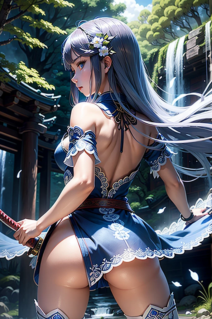 Girl, in battle stance, facing her back, holding a glowing katana, really long brown hair, blue eyes, blue ornaments in her hair, skinny, blue short kimono (covering her butt), big butt, white lace thigh-high stockings, cinematic light, trees, waterfall, Chinese shrine, blue sky, white clouds