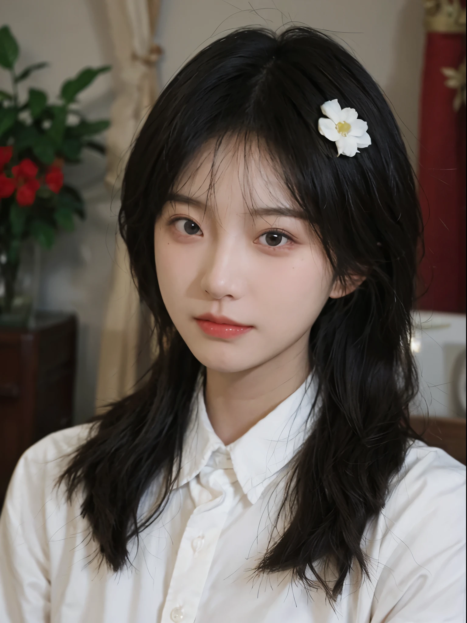 Best quality, 超高分辨率, (realistically:1.4),There is a woman wearing a sweater and a white shirt, 年轻Cute Korean face, 有着Cute and delicate face蛋, a cute young woman, she has a cute face, Cute Korean face, pale milky white porcelain skin, Cute and delicate face, ulzzangs, thick collar, Baiji haircut hairstyle