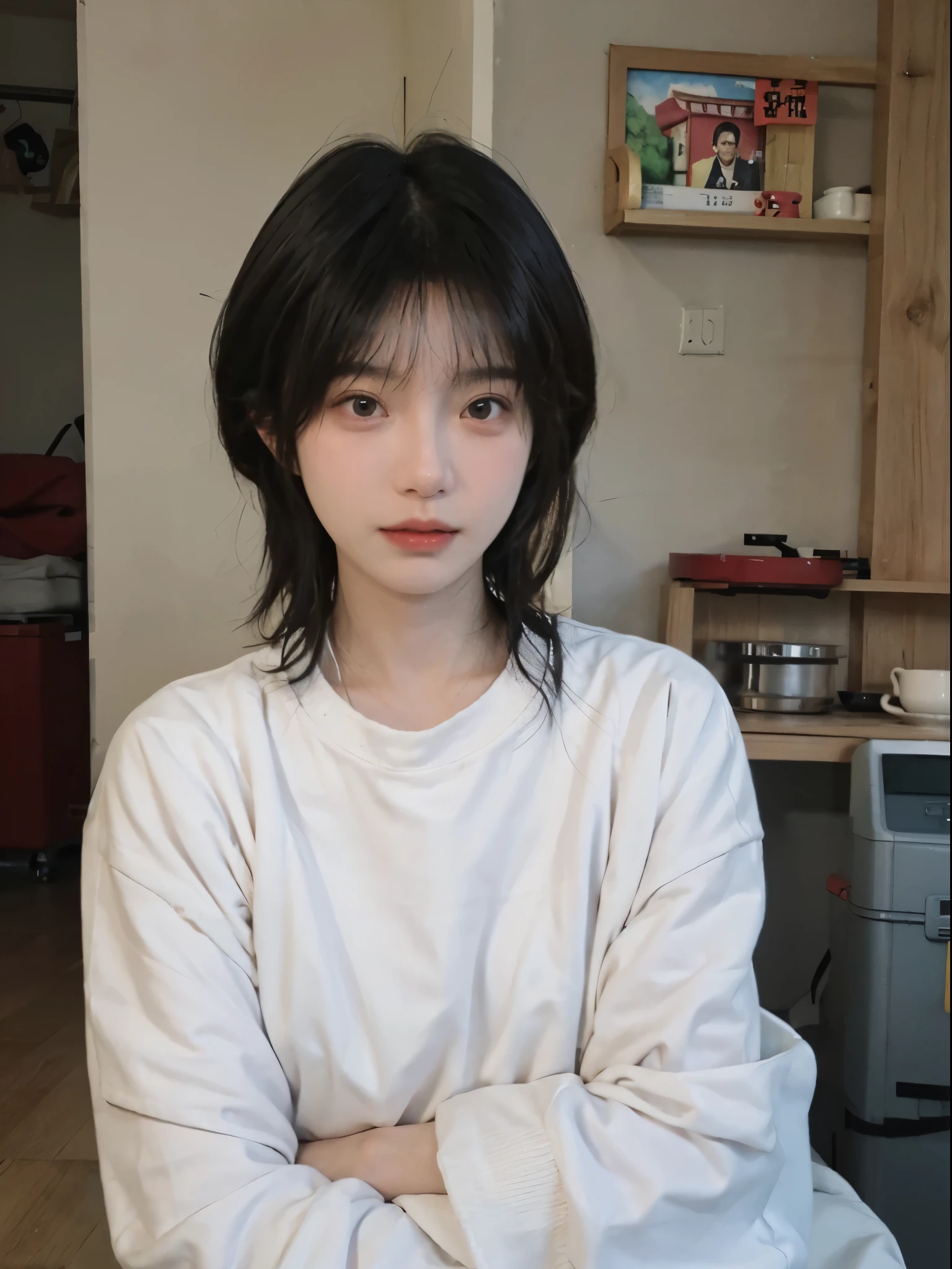 Best quality, 超高分辨率, (realistically:1.4),There is a woman wearing a sweater and a white shirt, 年轻Cute Korean face, 有着Cute and delicate face蛋, a cute young woman, she has a cute face, Cute Korean face, pale milky white porcelain skin, Cute and delicate face, ulzzangs, thick collar, Baiji haircut hairstyle
