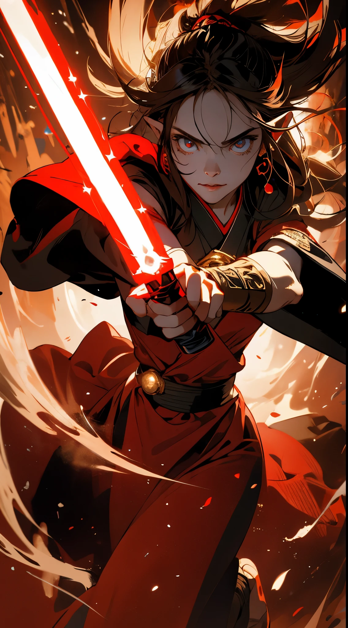 Princess Zelda full body photo, brunette color hair, red eyes, Dress up as Rey Skywalker,age 22, mature, XL bust, One hand holds a red lightsaber, Wearing a black cloak with red details, struggle, In a fighting stance, Background with: Inside the Death Star space station, Unreal Engine5, Japanese cartoon, Japanese cartoon style, tmasterpiece, The eyes are well drawn, Well-drawn face, Detailed eyes, Facial details are very good, 8K, light and shadow effect.