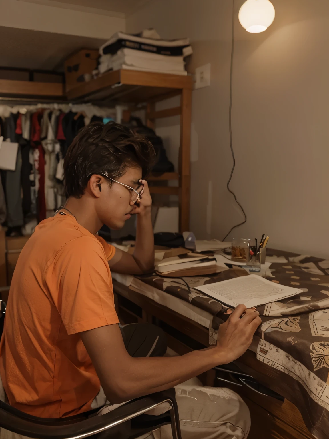 A student sitting on front of table in his room thinking about his dream. Convert into Realistic anime.