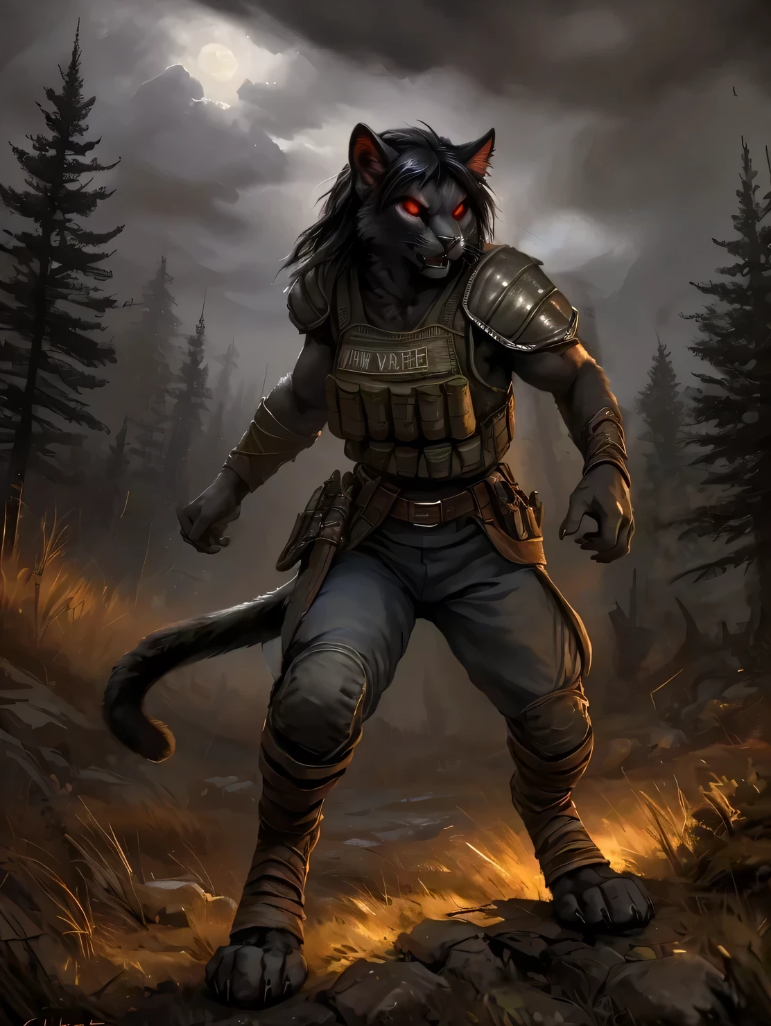 A high resolution, black human cat, hairy pubic, (Humanity human cat), hairy pubic femele, (Gray body), Black mane, brunette color hair, (full bodyesbian), (Permanent), Prepare to attack, (Angry), ((Threatening)), Bloodthirsty, The Elder Scrolls 5, horizon, (Tempting), (big breasts enchanting), ((Soldier uniform)), ((bulletproof vest)), torn outfit, musculous, biceps muscle mass, wide waist, a broad shouldered, Thick thighs, (1 tail), (Cat ears), (Gray), Darkness, shadowing, ((Dark forest)), (battlefiled)), Dark sky, old ruins, (There are no students), (luminous red eyes), ((Mad eyes)), Alone, horrorcore, Dark, femele, Thief Tojo, subtract, Chunie, Darkgem, Humanity, ((详细的脸)), (Black fur), Detailed realistic painting, the night, (ultra - detailed), detailedbackground, Digital level, very detailed nipples, depth of fields, unreal-engine, (tmasterpiece), ((Anatomically correct)), Be expressive, epic setting,