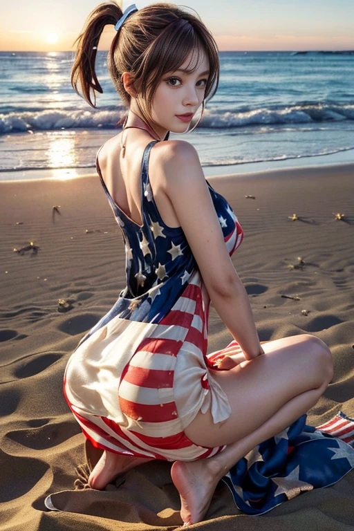 masutepiece, Best Quality, 23years old,Ultra-detailed, finely detail, hight resolution, 8K Wallpaper, Perfect dynamic composition, Natural Color Lip,(she is wearing a short dress with stars and stripes.:1.5),(Ponytail:1.3),large full breasts,big butts,drawn action: (Girl sits with her legs stretched,barefoot on the sand 1.3),,(silk american flag dress:1.4)20 years girl,(Full body:1.3),shot from a side angle:1.3,Enjoy the sunset,,((Sexy Pose))