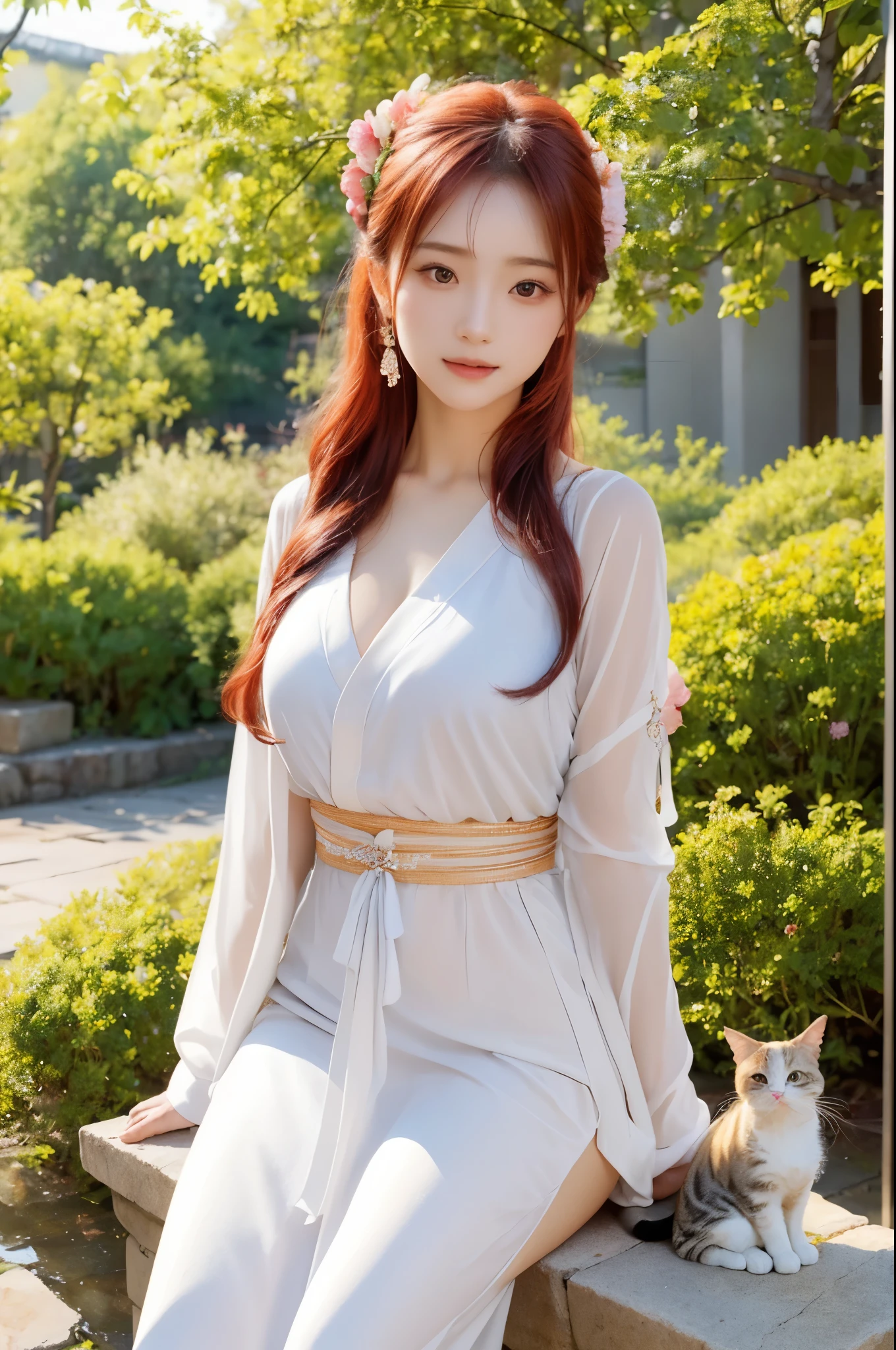 (top-quality, 4K, 8K, hight resolution, ​masterpiece: 1.2), Super Detail, (a picture: 1.37), adorable girl with red hair, Sit on a stone bench with little cat Munchkin, blooming flowers々A quiet garden bathed in soft sunlight, Suppin, goddess of Japan, Japanese Models, amazing goddess shots, Photorealistic face, detaileds, Realistic Young Gravure Idol, Asian Beauty