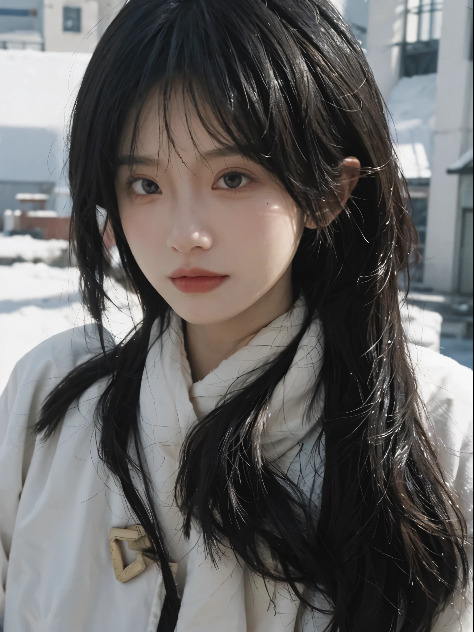 Best quality， 超高分辨率， white backgrounid，（realistically：1.4）， girl， A pair of eyes as clear as snow,Imperial sister，Black long straight， looking at viewert， close up ，