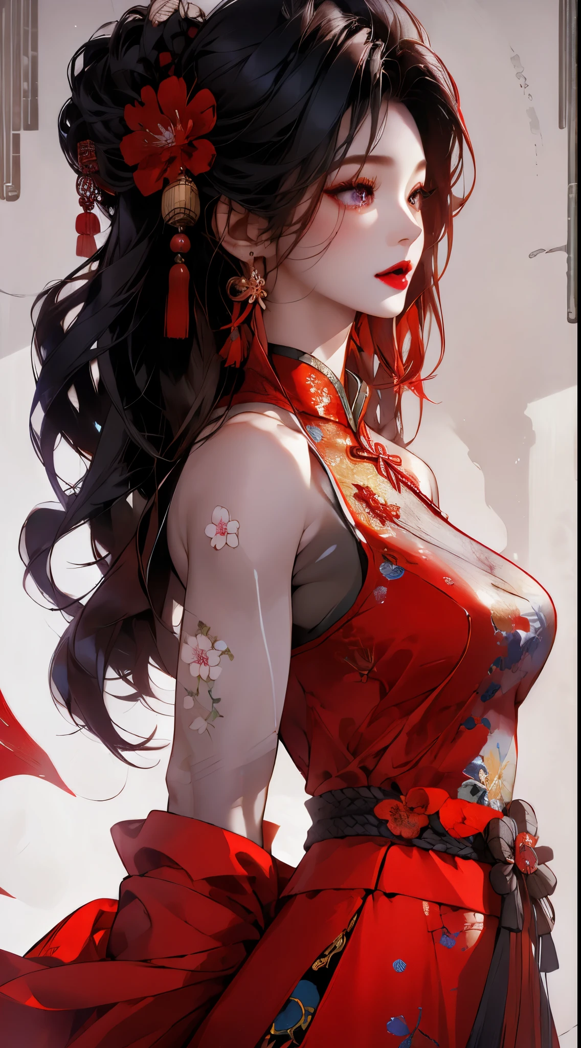 Seven Rhaeyar (Deylta), Ancient Star goddess, Perfect female anatomy (Royalty, Adult Female, 166cm in height, Cool pale skin, slim, slender, 34D breast size, Long Jet Black Hair, Gray Colored Iris , a set of Jet black colored horns on her head), Neutral facial expression, Elegant black uniform dress, female choker accessory with silver complimentary jewelry, dragon motifs, Black rope accessories, Simple Black Background, receiving light from the front, Slightly focusing on her face up close, Ethereal glow, Red Rose petals falling, Japanese inspired
