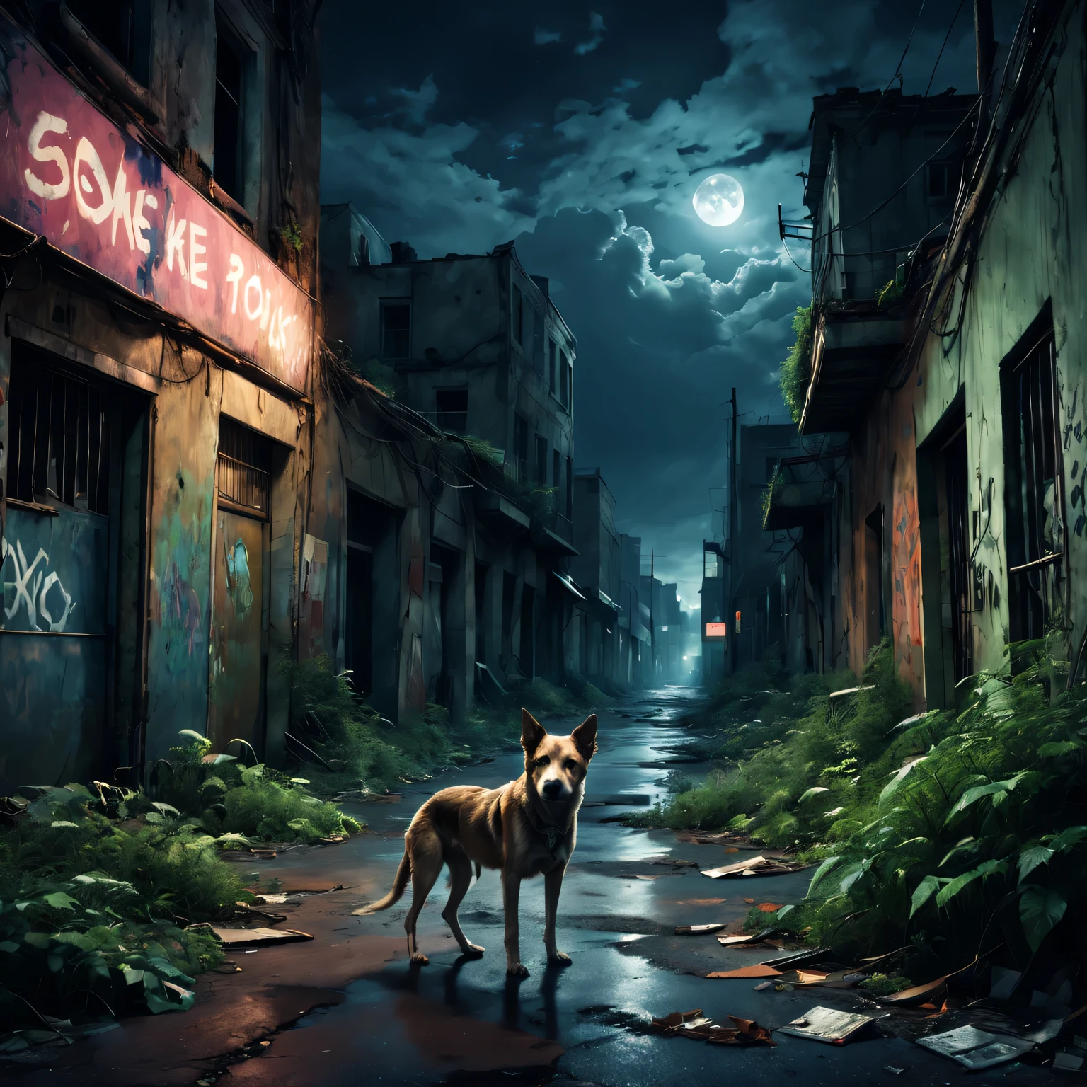 废弃城市nighttime scene,Desolate atmosphere,nighttime scene,Abandoned buildings,Shabby street graffiti,A hungry stray dog is looking for food,Ominous darkness,overgrown vegetation,Post-apocalyptic feeling melancholic color palette,dramatic contrast,intense shading,Clouds in the moonlight,Surreal atmosphere,dystopian background,abrasion,A sky full of star quality,4K,8K,A high resolution,tmasterpiece:1.2,ultra - detailed,actual:1.37,