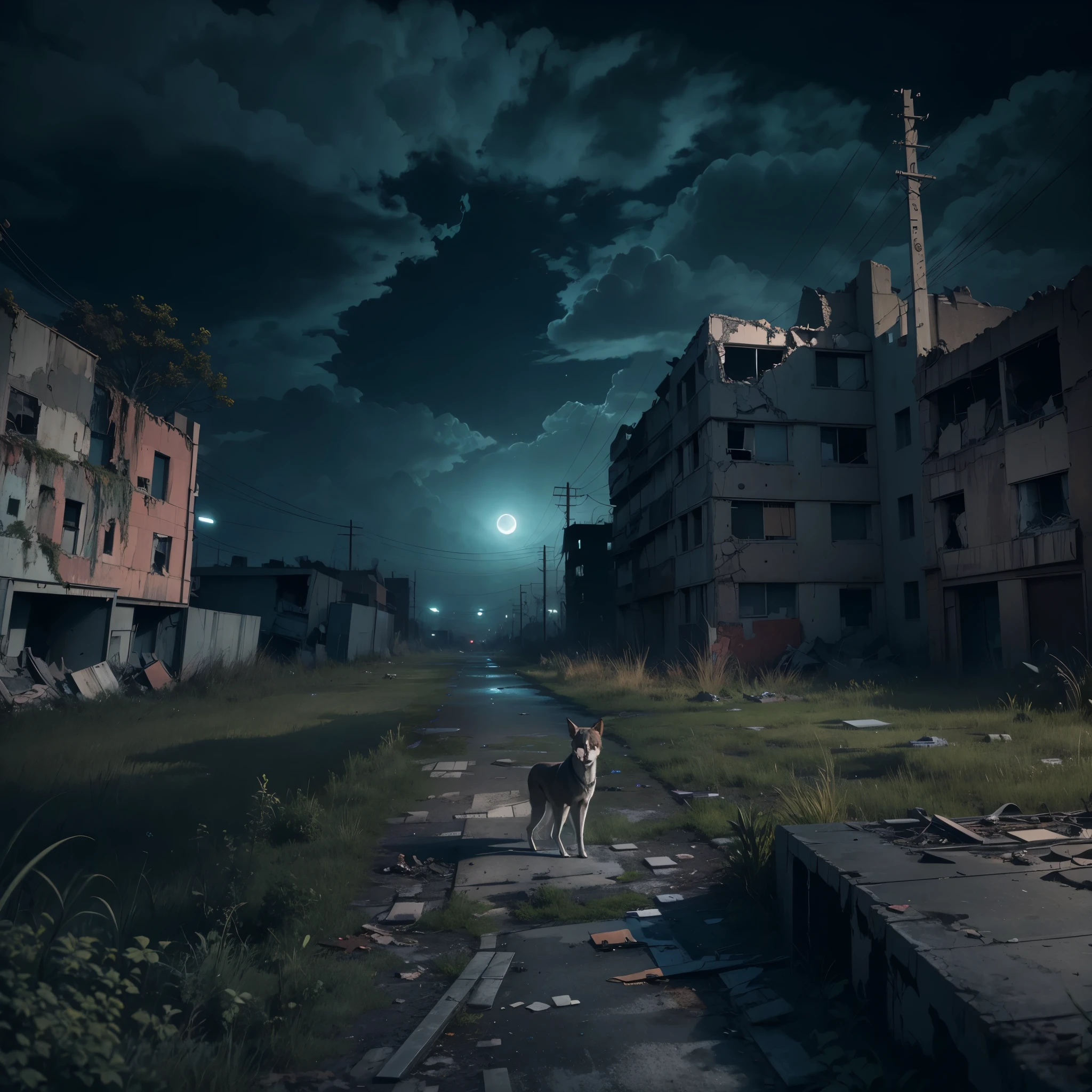 The night view of the city destroyed by war, Desolate atmosphere，Night view，Abandoned buildings，Dilapidated streetaded graffiti，A hungry stray dog is looking for food，Ominous darkness，overgrown vegetation，Post-apocalyptic, feelinelancholic color palette，dramatic contrast，intense shading，clouds under moonlight，surreal atmosphere，Dystopian background，A sky full of starest quality,4k,8k,highres,masterpiece:1.2,ultra-detailed,realistic:1.37.