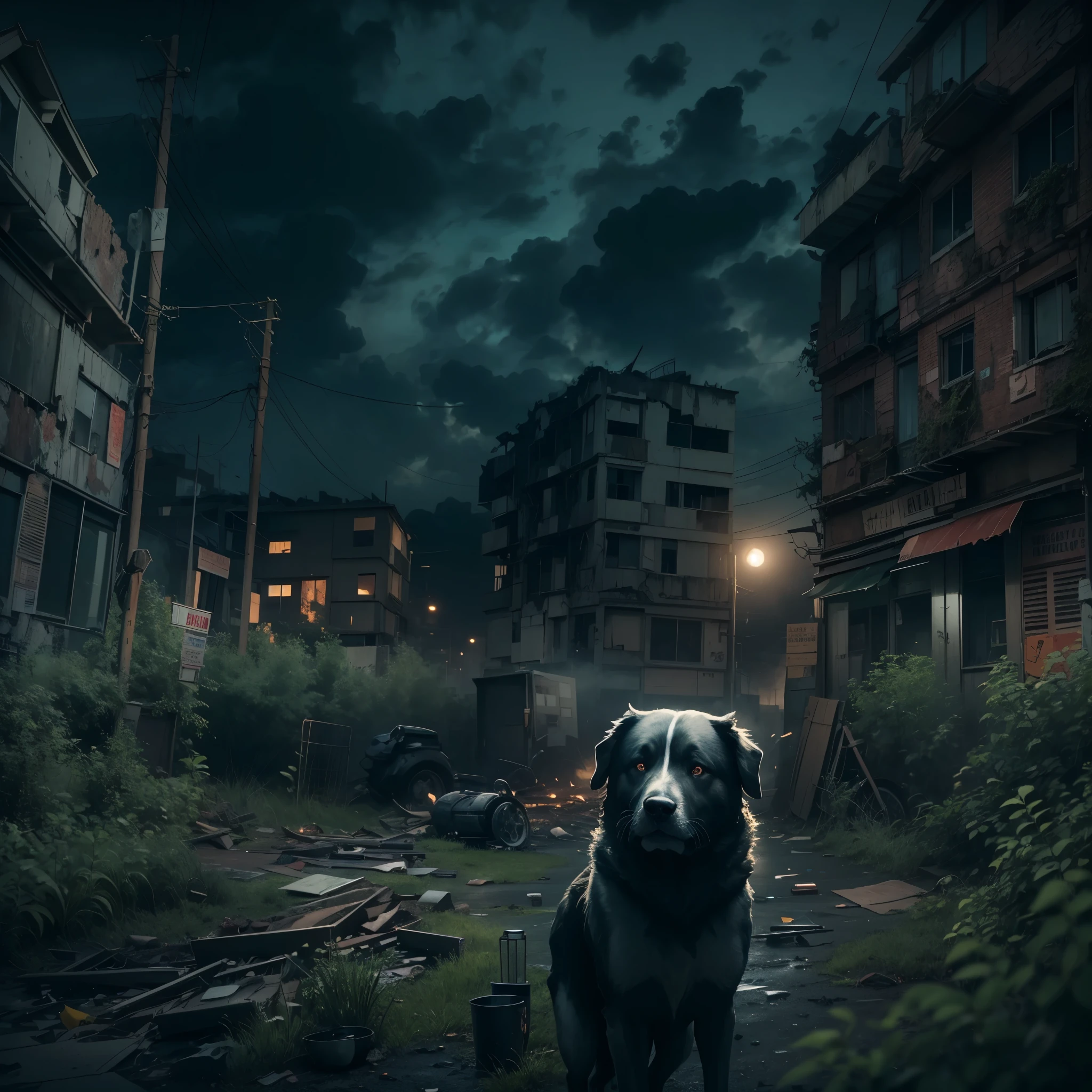 The night view of the city destroyed by war, Desolate atmosphere，Night view，Abandoned buildings，Dilapidated streetaded graffiti，A hungry stray dog is looking for food，Ominous darkness，overgrown vegetation，Post-apocalyptic, feelinelancholic color palette，dramatic contrast，intense shading，clouds under moonlight，surreal atmosphere，Dystopian background，A sky full of starest quality,4k,8k,highres,masterpiece:1.2,ultra-detailed,realistic:1.37.