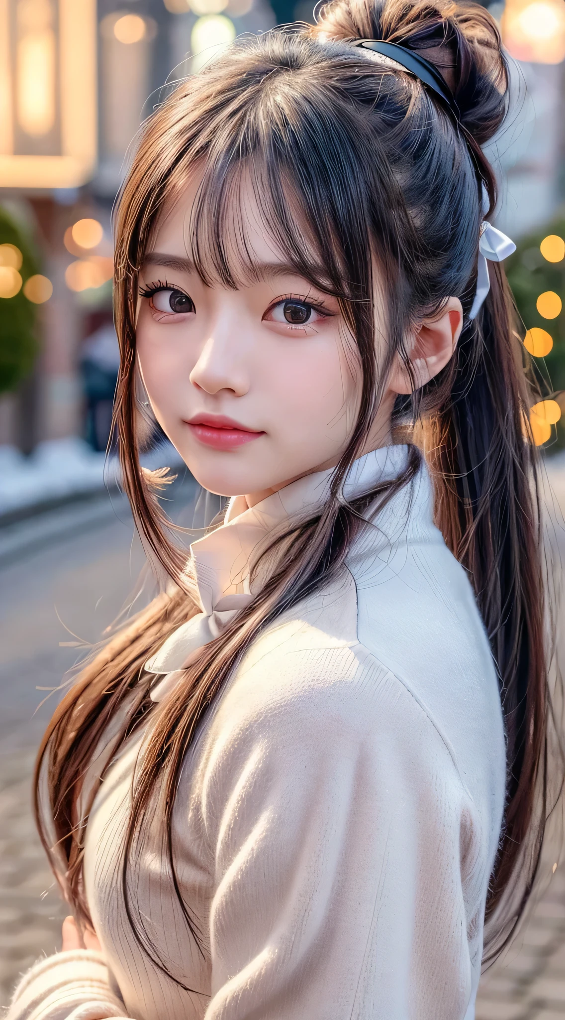 blushed face,long hair ponytail,big ribbon in her hair,(8K, Raw photo, Best Quality, masutepiece:1.2), (Realistic, Photorealsitic:1.4), (Very detailed 8k wallpaper), Sharp Focus, depth of fields, Cinematic lighting, Soft light, Detailed Beauty Eye,Shiny and smooth light brown ponytail, asymmetrical bangs, Shiny skin, super detailed skin ,High resolution, high detailing, detailed hairstyle, Detailed beauty face, Hyper realistic, Perfect limbs, Perfect Anatomy ,1 japanese girl,famous Japan idol, Perfect female body,Smile,short eyelashes,double-edged eyelid,Look straight here,Hairstyle is ponytail,Wear a ribbon, s Office,Long ponytail hairstyle,Wearing scrunchies,So that the whole body is shown,wearing a long coat,the street,stand straight and pose,So that the whole body is shown,Winters,warm clothes,Look straight at me,wearing a scarf,It's snowing,wear a black long-sleeved coat,Old townscape of Europe,cobblestone road,European churches can be seen in the background,Close-up on the face
