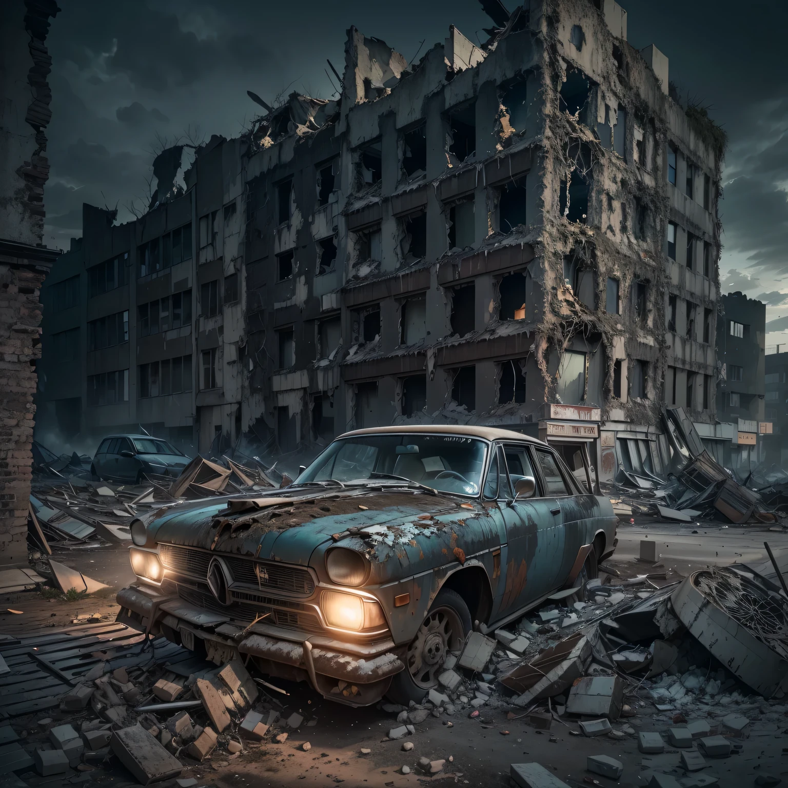 (Best quality at best,4K,A high resolution:1.2),Night view of city destroyed by war,Dystopian landscape,shattered buildings,Crumbling infrastructure,smoke-filled sky,Ominous atmosphere,dark cityscape,Glowing embers,Rubble and debris,desolated的街道,pastel colour,Doomsday scenario,Loneliness and despair,Flashing street lights,there is an explosion in the distance,一种desolated和毁灭的感觉,postwar remains,Ruins under the moonlight,shadow of destruction,Remains of a once bustling city,desolated和废弃的建筑物,unforgettably beautiful,light of hope in darkness,Rotten structure,reflection of destruction,destroyed skyline,dimly lit alley,Echoes of a Lost Civilization,Stories of resilience and survival,signs of life in chaos,History etched in ruins,Abandoned vehicles,War-torn landscape,desolated,The contrast between light and darkness,infinite silence,despair and resilience,Consequences of Conflict and Destruction.