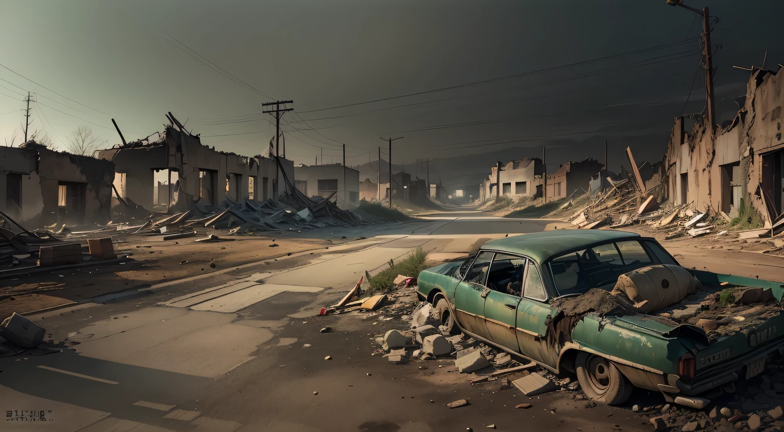 Night view of city destroyed by war,Dystopian landscape,Broken buildings,Crumbling infrastructure,Smoggy sky,Ominous atmosphere,dark cityscape,Rubble and debris,Desolate streets,pastel colour,Doomsday scenario,Loneliness and despair,feeling of desolation and destruction,postwar remains,Ruins under the moonlight,Remains of a once bustling city,desolate abandoned building,unforgettable beauty,light of hope in darkness,rotten building,reflection of destruction,A devastated skyline,dimly lit alley,A hungry stray dog is looking for food,Stories of resilience and survival,signs of life in chaos,History carved in ruins,Abandoned vehicles,War-torn landscape,desolation and desolation,lightand shade contrast,infinite silence,despair and resilience,consequences of conflict and。