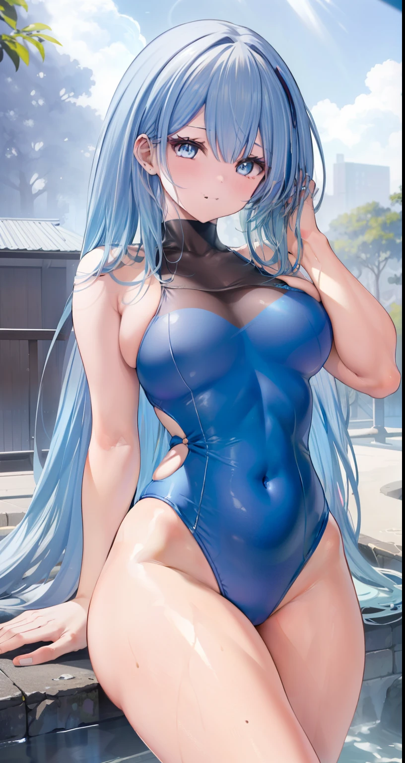 (master piece), (best quality), (4k definition), (anatomy; perfect), Hatsune Miku character, 1 girl, fair skin, blue eye, blue hair), (Locks, bangs), hair tied on both sides , (hair lighting effects), eyebrow, nose, ear, tight mouth, smile, (bright skintight swimsuit), chest, (perfect belly), (perfect waist), thick legs, thick thighs, stand, backdrop, in the Park, Beautiful Day, Lighting, Looking at the Viewer