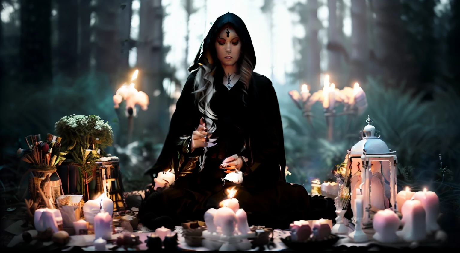 a woman in a black robe debout in a circle of candles , 1fille, seulement, cheveux longs, robe, debout, cheveux blancs, dehors, black robe, arbre, herbe, nature, paysage, woods, lanterne, lanterne , sorceress_style