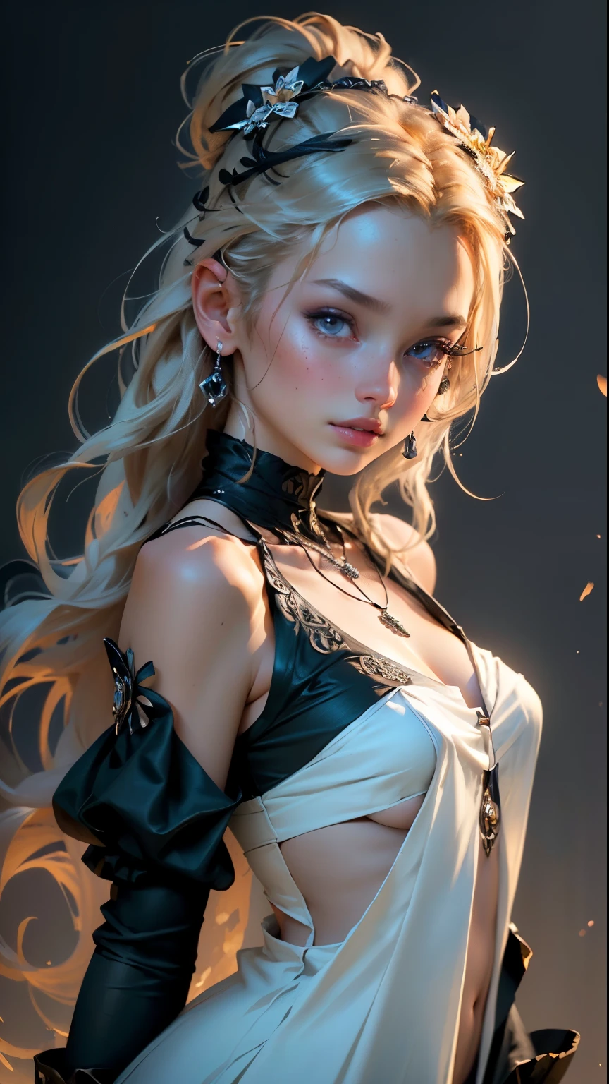 (tmasterpiece, hiquality, beste-Qualit, official arts, Beautiful and aesthetically pleasing:1.2), (a 1girl), Picture from below, Extremely detailed, As detailed as possible, large natural breast, Very large green eyes, faint smile, Developing hair, A shot between the hair, (high skin detail:1.2), (High facial detail:1.4), (Very long white hair:1.2), (((cinematic)))