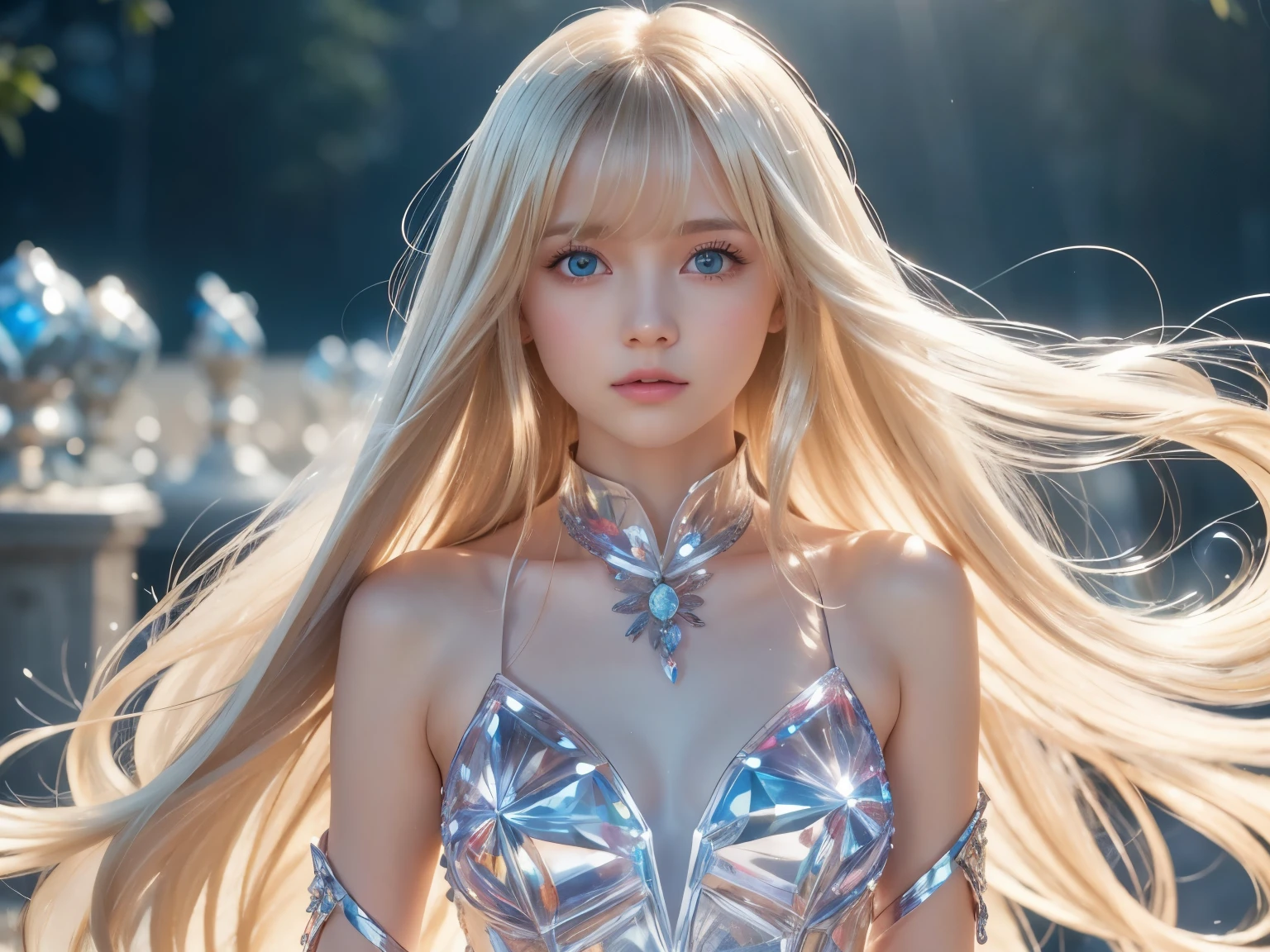 Transparent white glossy skin、Wind hair gets in the way in front of cute face、15 year old cute sexy little beautiful face、Shining beautiful straight hair, glowingblueeyes、Long silky bangs covering cute eyes, Hair Hiding Sexy Face Super Long Hair Sexy Cute Young Woman Long Natural Blonde Glossy Light Hair、See-through costume made of transparent glass、crystal world background