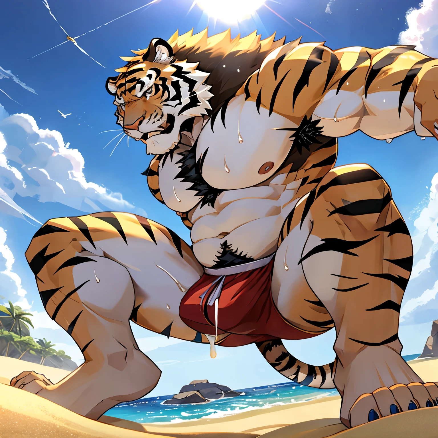 skinny tiger、Tiger face、big earing、a white bikini、Small face、slender body、Constriction of the lower back、abdominals、Jumping pose、Kicking Pose、one straight leg、Detailed soles、Detailed body hair、mane、profile、Body hair that was the opposite、fullnude、Upturned face、profile、Angry look、large amount of chest hair、large amount of belly hair、large amount of armpit hair、anime style big eyes、black eyes、sharp claws, white big fang、Composition looking up from directly below、Huge crotch、round bulging crotch、Milk is being poured on the crotch、Lower the corners of the mouth、the whole body is wet、Mass sweat、Gritting teeth、sand beach、White breath