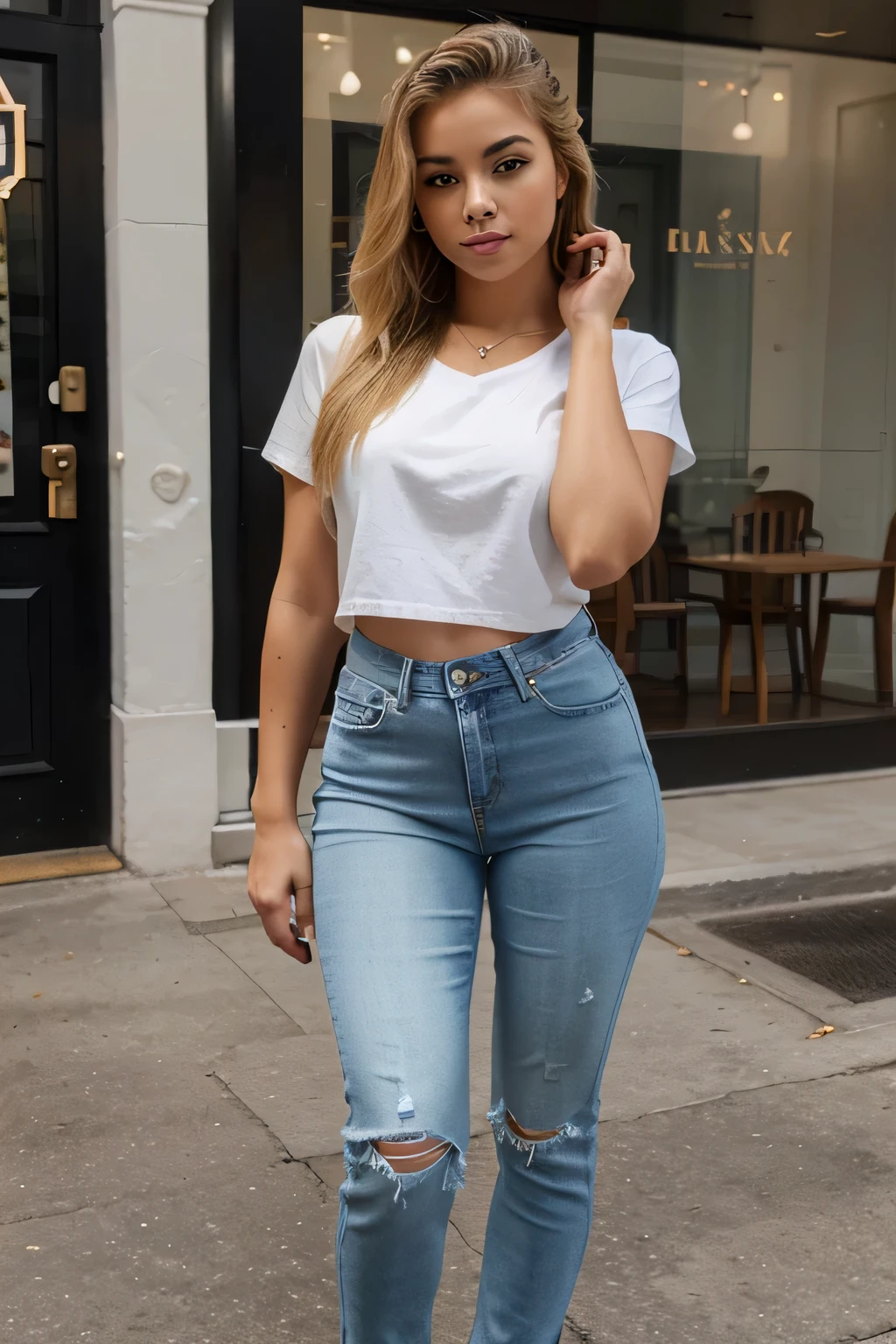 latina lady, beautyfull face, blonde hair, , model pose, full body, jeans
