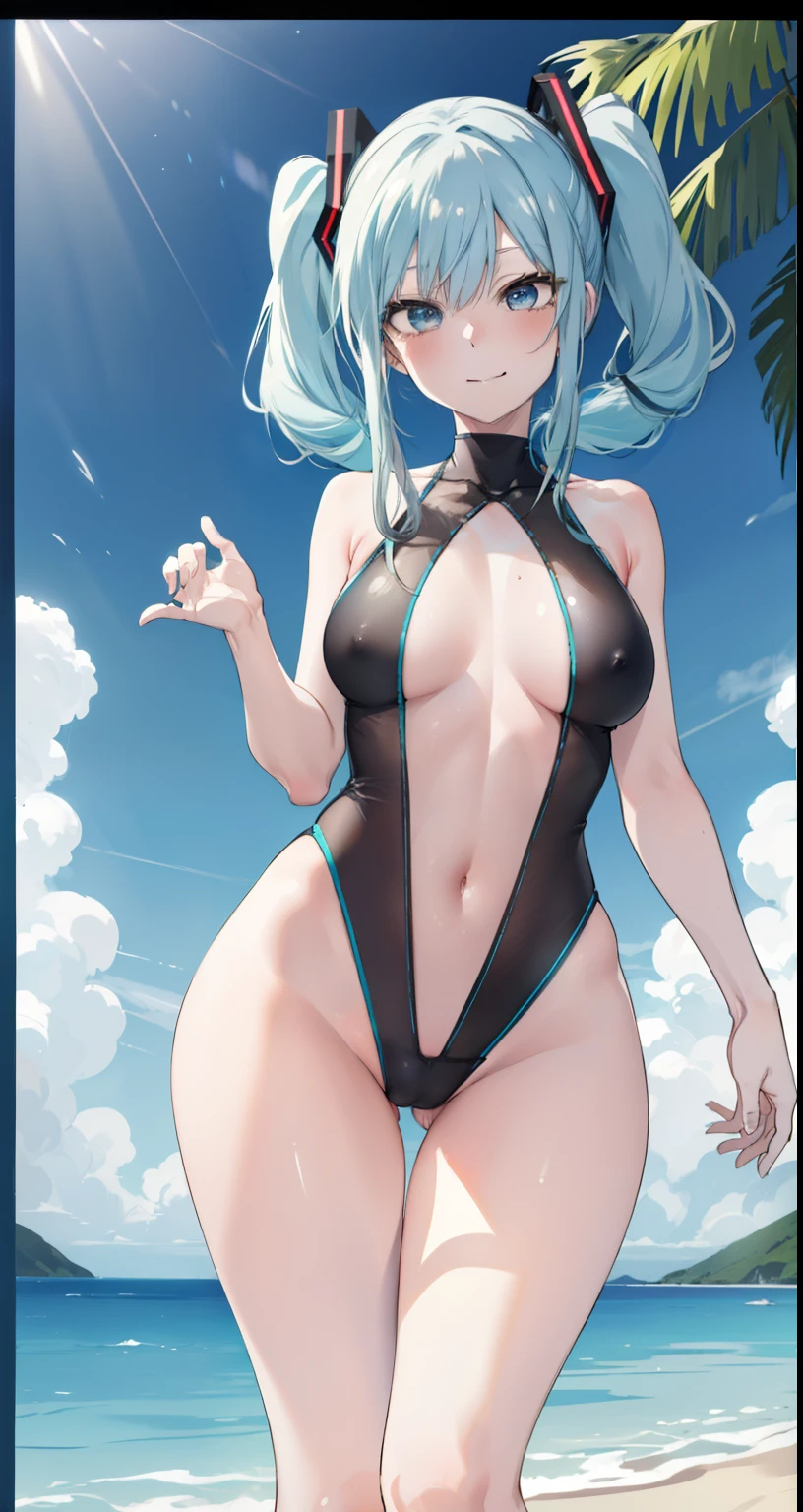 (master piece), (best quality), (4k definition), (anatomy; perfect), Hatsune Miku character, 1 girl, fair skin, blue eye, blue hair), (Locks, bangs), hair tied on both sides , (hair lighting effects), eyebrow, nose, ear, tight mouth, smile, (bright skintight swimsuit), chest, (perfect belly), (perfect waist), thick legs, thick thighs, stand, backdrop, in the Park, Beautiful Day, Lighting, Looking at the Viewer