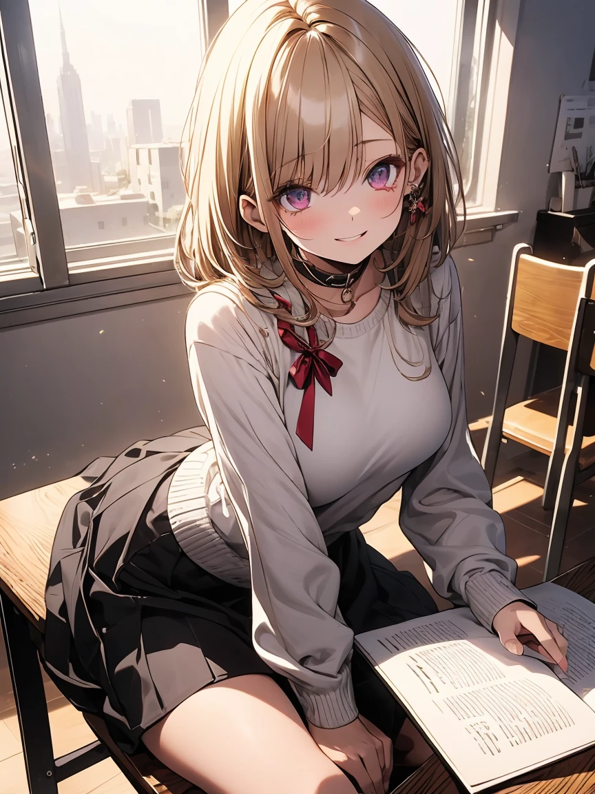 masterpiece, absurdres, best quality, ultra detailed, high Resolution, detailed illustration, extremely beautiful detailed face and eyes, bright colour, 1girl, (loli), cute face, Delicate beautiful face, magenta eyes, cute eyes, sparkling eyes, big eyes, medium breasts, (perky breasts:1.1), (pointy breasts:1.1), medium hips, glamorous body, white skin, grin, BREAK, long bob cut, (blonde hair:0.8), messy hair, detailed hair, shiny hair, BREAK sweater, long skirt, tiny ribbon, study, at class room, desk, note, sitting chair, universe, real world, natural lights, perfect lighting,