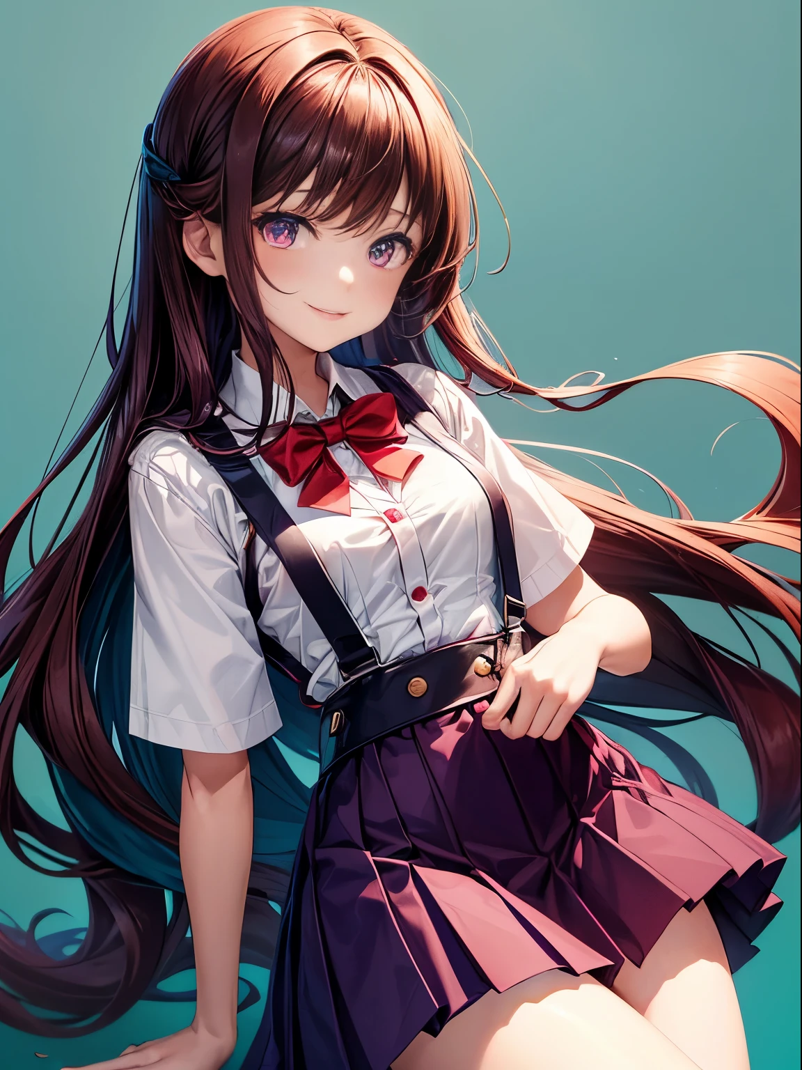 1womanl,ar old,own hair long hair、Navy blue blazer school uniform with red ribbon、((Reddish-purple eyes))、(Teal High Waist Skirt:1.3),, (whiteshirt:1.3), (double-breasted,Underbust:1.2), Short sleeves, buttonGap,A smile,small tits,suspenders,