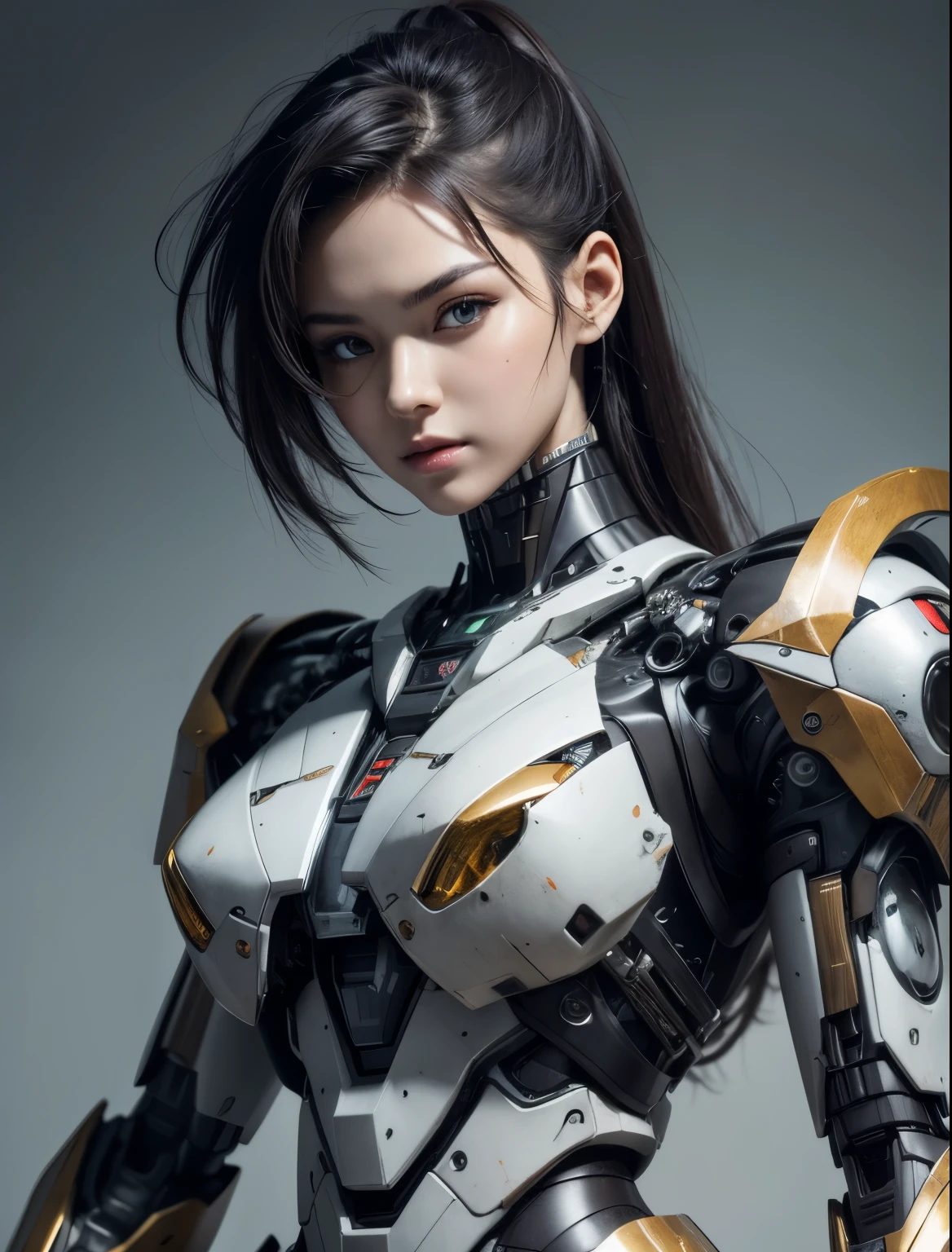Textured skin, Super Detail, high details, High quality, Best Quality, hight resolution, 1080p, hard disk, Beautiful,beautiful cyborg woman,Mecha Cyborg Girl,Battle Mode,Girl with a Mecha Body,She wears a battle cyborg mech with a weapon,Cyborg Warrior