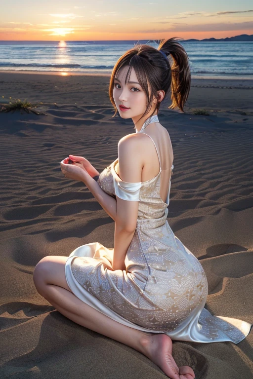 masutepiece, Best Quality, 23years old,Ultra-detailed, finely detail, hight resolution, 8K Wallpaper, Perfect dynamic composition, Natural Color Lip,(she is wearing a short star patterned dress.:1.5),(Ponytail:1.3),large full breasts,big butts,drawn action: (The girl is sitting with her legs stretched out,barefoot on the sand 1.3),,(silk star pattern dress:1.4)20 years girl,(Full body:1.3),shot from a side angle:1.3,Enjoy the sunset,,((Sexy Pose))