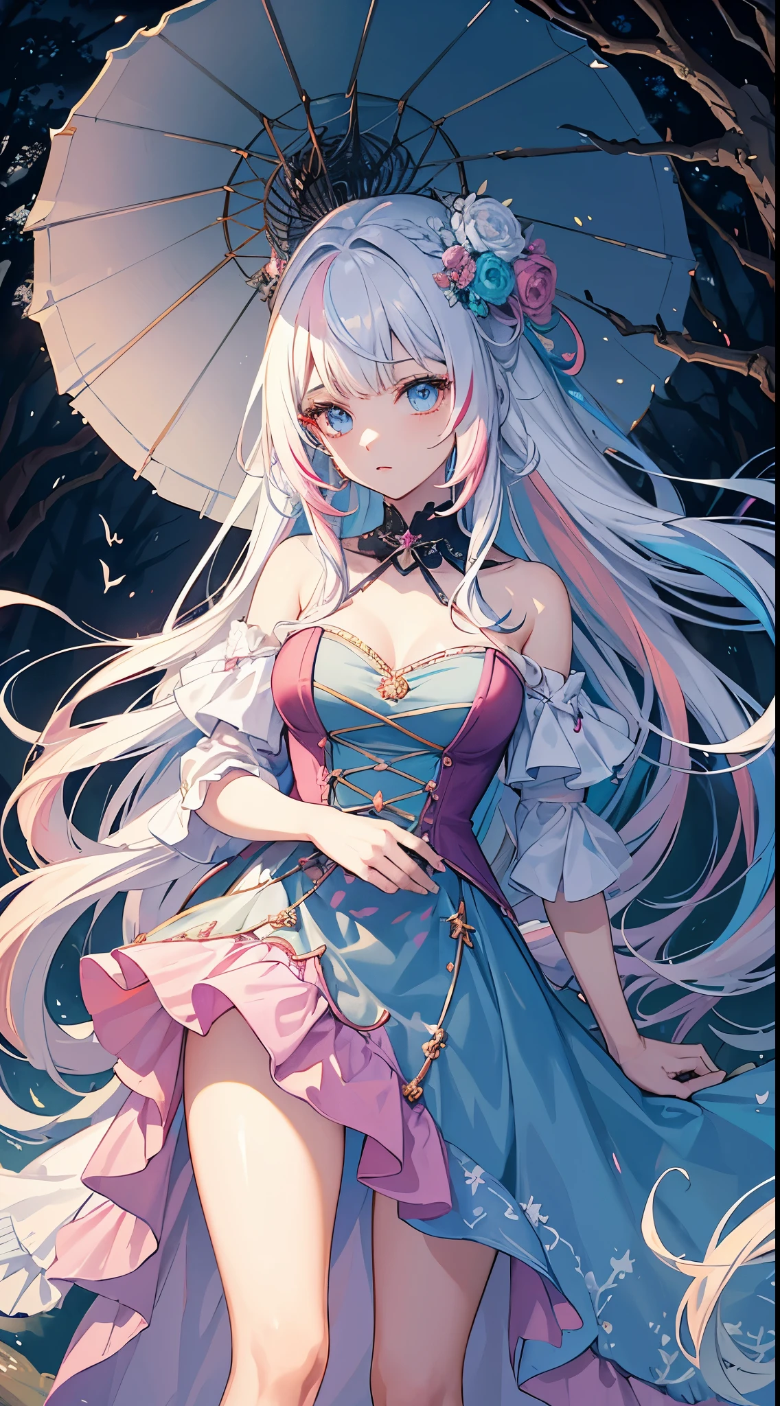 1girl, solo,( pink headwear:1.1), hat, standing,( from above:1.2), long hair, pink hair,holding, dress,purple eyes, pointy ears, smile, breasts,( outdoor:1.2),short sleeves, white hair, jewelry, looking at viewer, bag, bangs, open mouth, holding wand, bow, wand, virtual youtuber, ribbon, black bow, shoulder bag, criss-cross halter, earrings, staff, puffy sleeves, :d, halterneck, handbag, puffy short sleeves, bracelet, medium breasts, thigh strap, shoes, white footwear, blue dress, multicolored hair, holding staff, cleavage, heart, choker, bridal garter, hat bow, straight-on, bare legs, pink bow, hair ribbon, twintails, hair ornament, gradient dress, hair bow, white dress, pink bag, blush, bead bracelet, ankle strap, braid, high heels, sun hat, wavy hair, white headwear, cleavage cutout, (pink ribbon:1.2), hair between eyes, frills, (flowers:1.1), hat ribbon, collarbone, mole, sidelocks, skirt, (gloves:1.1),( pink flower:1.1), beads,, wrist cuffs, elf, black choker