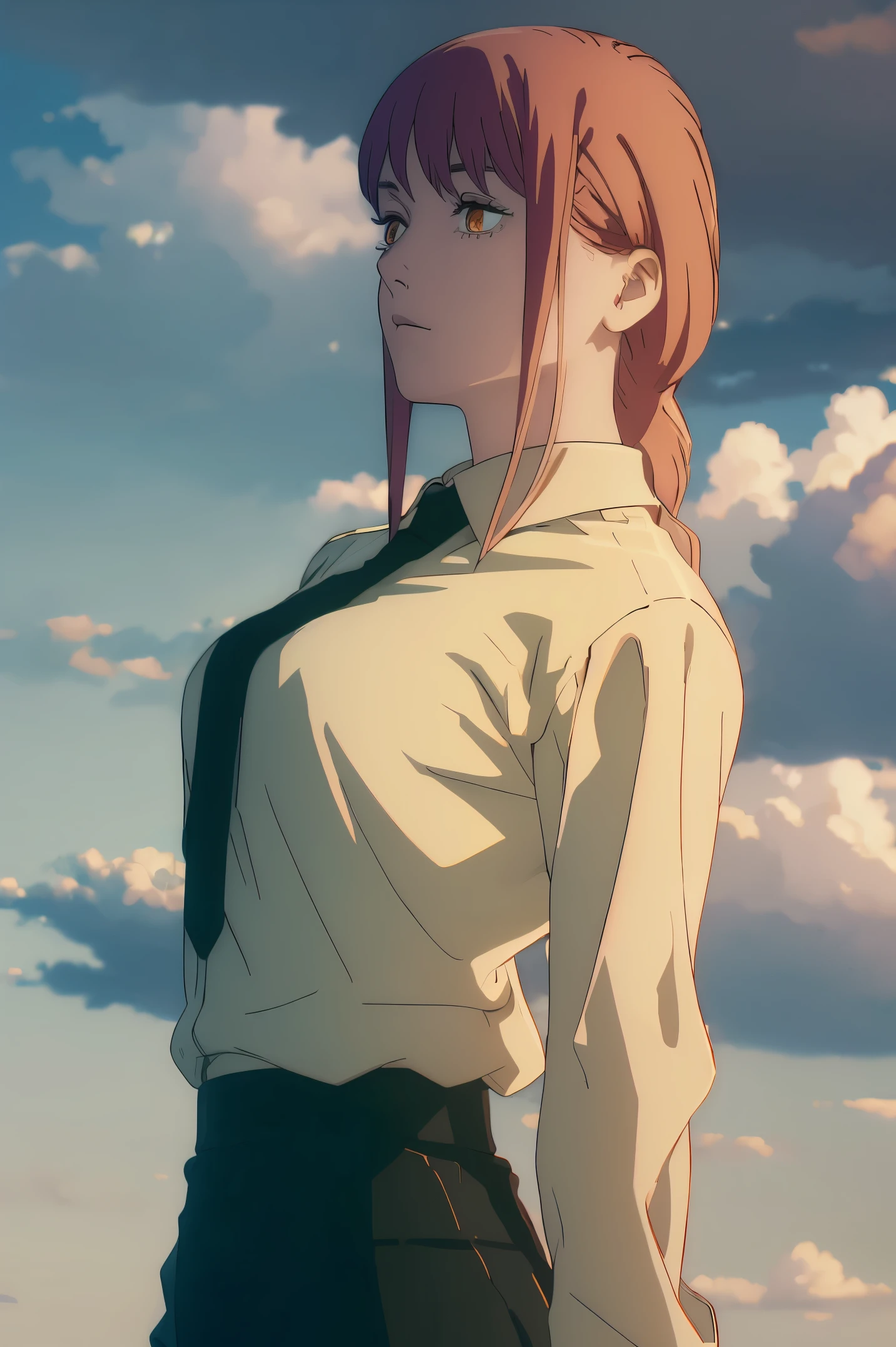 (extremely detailed CG unity 8k wallpaper),(masterpiece),(best quality),(ultra-detailed),(best illustration),(best shadow),(absurdres), Makima, 1girl, necktie, solo, shirt, ringed eyes, black necktie, braid, pants, cloud, collared shirt, braided ponytail, shirt tucked in, red hair, white shirt, arms behind back, sky, outdoors, medium breasts, bangs, breasts, black pants,formal, yellow eyes, cloudy sky, medium hair, long sleeves, suit, office lady, high-waist pants, long hair, orange eyes, looking at me,round breast,hyper detail,