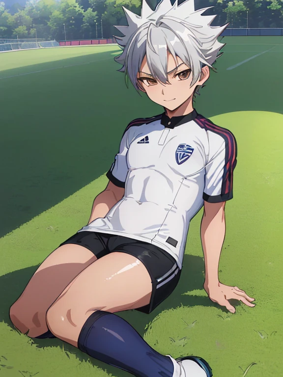 (((Official art,superfine illustration,hight resolution, masutepiece, best qualtiy,Best Quality,)))hightquality, detaileds, (A little boy),12 years old, A young ace striker male idol with a super cute face,A boy as beautiful as Planding, Cool handsome face with smile, soccer spike, Long legs, thighs thighs thighs thighs, Foots, Bulge, (Gray hair、Spiky hairstyle)、Shiny hair, (Tight shiny white soccer training bodysuit), (tight and shiny soccer shorts), (Soccer Socks), tussock, Cool pose, (厚いthighs thighs thighs thighs、Seduce your big ass to your crotch)、(((soccer field in the park)))、((cocky、))、Smirk、Spread legs,Ultra-fine painting, (Best Quality, 4K, 8K, hight resolution, masutepiece:1.2),(((Being aware of the sexual gaze of middle-aged gay men)))、Service Shots、