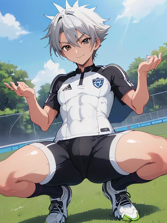 (((Official art,superfine illustration,hight resolution, masutepiece, best qualtiy,Best Quality,)))hightquality, detaileds, (A little boy),12 years old, A young ace striker male idol with a super cute face,A boy as beautiful as Planding, Cool handsome face with smile, soccer spike, Long legs, thighs thighs thighs thighs, Foots, Bulge, (Gray hair、Spiky hairstyle)、Shiny hair, (Tight shiny white soccer training bodysuit), (tight and shiny soccer shorts), (Soccer Socks), tussock, Cool pose, (厚いthighs thighs thighs thighs、Seduce your big ass to your crotch)、(((soccer field in the park)))、((cocky、))、Smirk、Spread legs,Ultra-fine painting, (Best Quality, 4K, 8K, hight resolution, masutepiece:1.2),(((Being aware of the sexual gaze of middle-aged gay men)))、Service Shots、