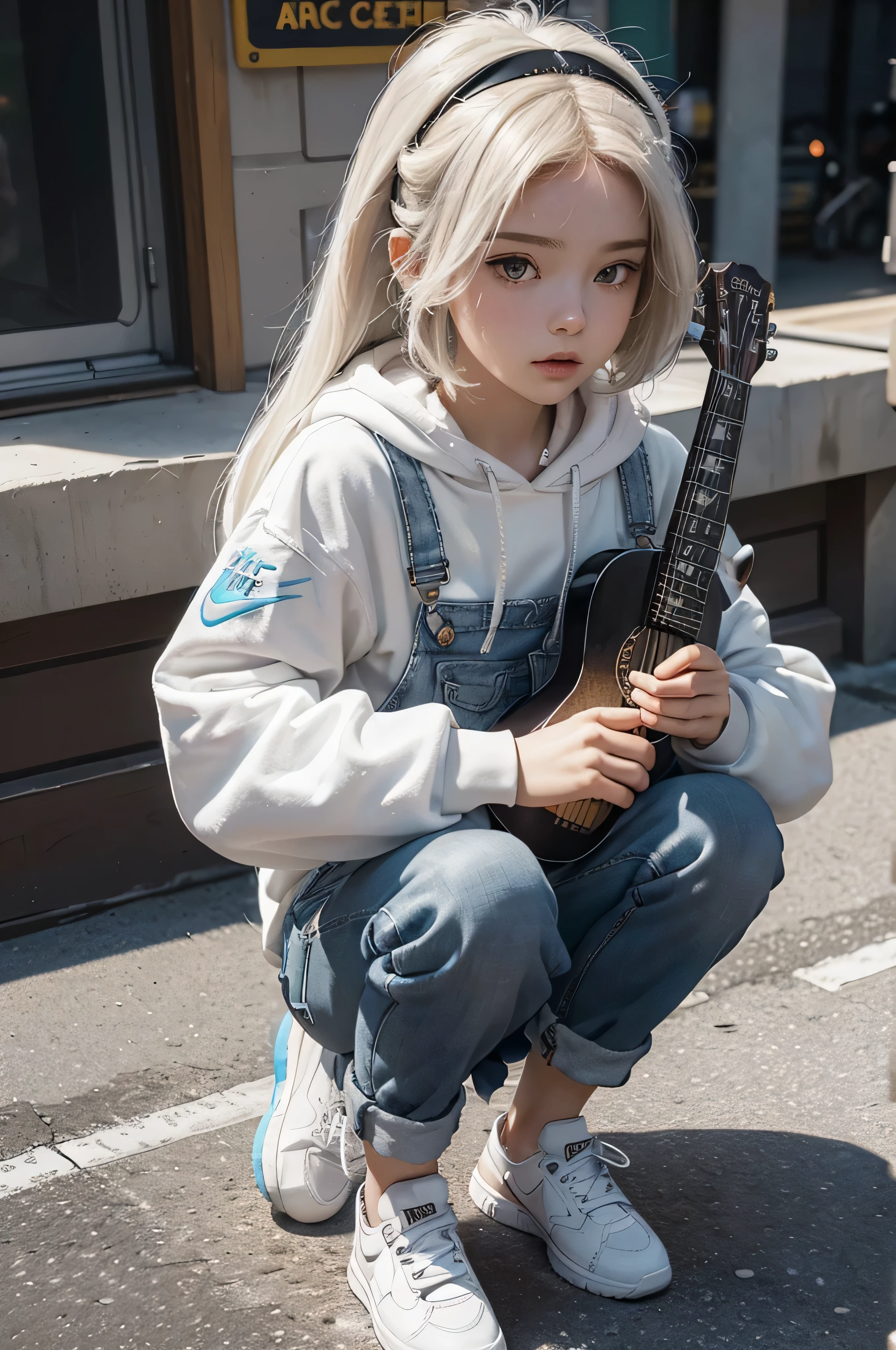 A Funko (Girl, 01 years old) figure (white skin),named (BUBI), wears overalls, nike hoody, white loafers),Rainbow LONG hair Holding guitar. The Funko figure is presented inside and outside of a limited edition black and white Funko box with DIGITAL (PRINCE) text, which allows for figure visibility, typography, and 3D render (controlnet_mode:canny juggernautXL_v5, sdxl-1. 0. 0. 9. safetensors, SeargeSDXL4. 1-Llama2 prompt generator)