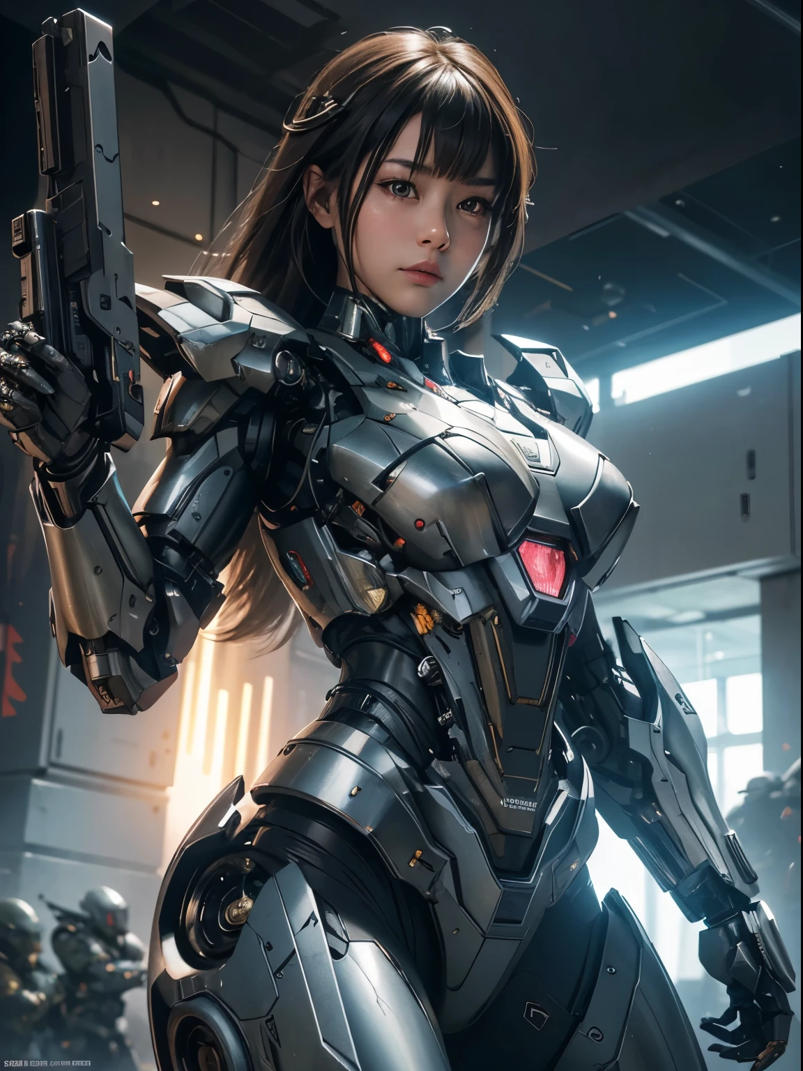 Textured skin, Super Detail, high details, High quality, Best Quality, hight resolution, 1080p, hard disk, Beautiful,(War Machine),beautiful cyborg woman,Mecha Cyborg Girl,Battle Mode,Girl with a Mecha Body,She wears a futuristic war machine weapon mech,Fulll body Shot