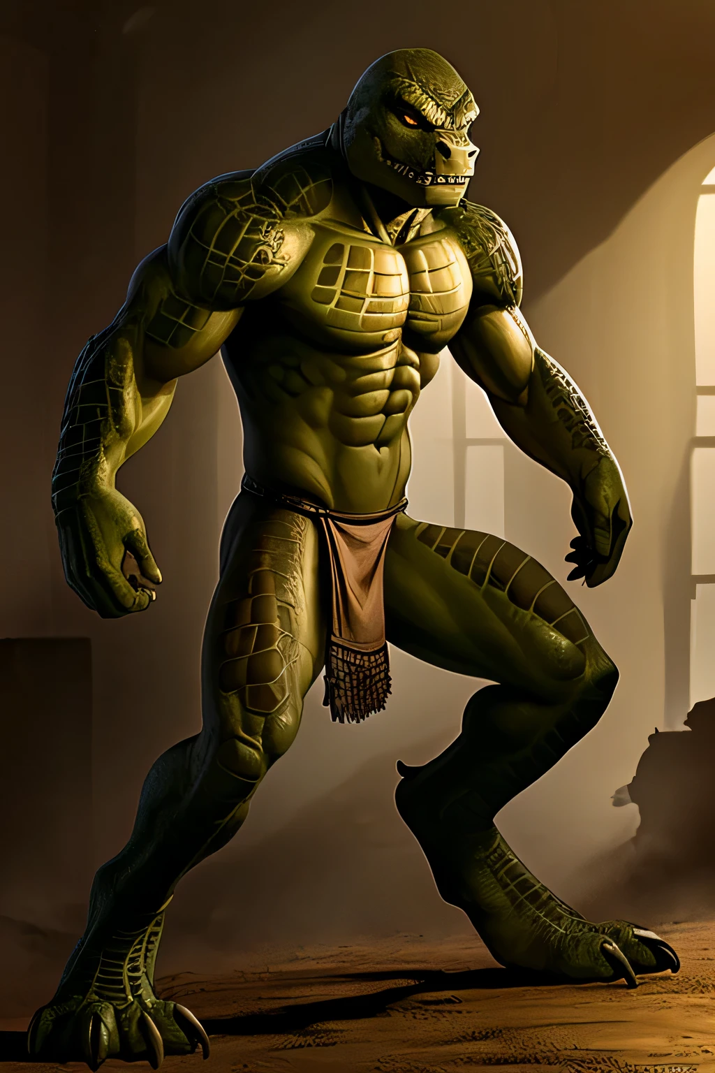 ((POV Full body)), full size, distant,  side view, super high resolution, realistic quality, boy, (killer croc, ((slim body)), humanoid body,) , ((brown man, brown scales)), (standing combat ready facing right side), battle pose, looking to the right, gazing right, legs spread, arms spread to the sides, wearing slim tribal brown loincloth,