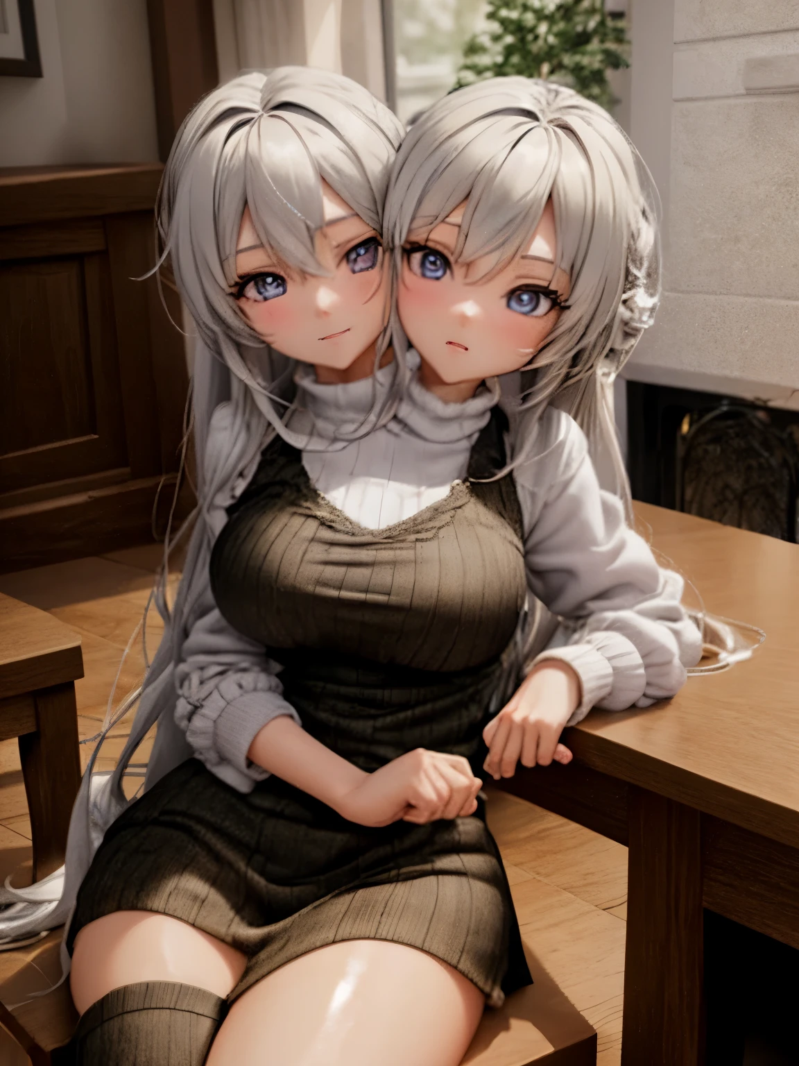 NSFW、(Anatomically correct、Masterpiece、Highest quality、Tabletop、Detailed construction)、(((Two beautiful girls, one with silver hair and the other with blonde hair and dark skin.)))、White shirt、I'm not wearing anything underneath、(((Lesbian、Touching each other's crotches)))、(((Sweat)))、(((Soaking wet)))、(((body fluid)))、(((Body odor、Sweat染み)))、(((pussy)))、(((Love juice、Squirting)))、(((Put your finger in the vagina)))、((Pubic hair)),(((blush)))、(((sports warehouse、humid、On the gym mat)))、(((Covered in drool)))