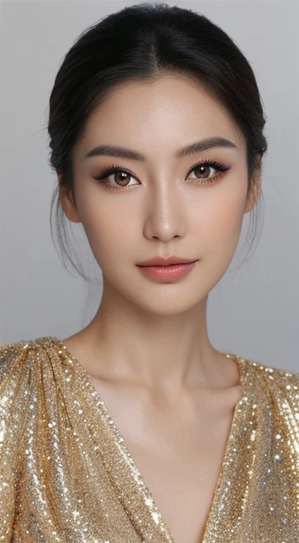 Japanese actress Asami Mizukawa、Transparent beautiful skin、Eyes with long slits and a cool impression、speak slowly and politely、Hidden core strength、black hair suits you、Makeup that is not too flashy、Makeup looks natural、Beautiful posture、Small face、The nasal muscles are passing through、the corners of the mouth are turned upwards、The width of the forehead、Less than one third of the vertical width of the face、The boundary between the eyebrows and the base of the nose is deeply depressed、The distance between the left and right eyes is、Narrower than one eye width、the distance between the eyes and eyebrows、Narrower than one vertical width of the eye、The outline is、Oval or long-faced type、cheekbones, jaw etc.、Facial features with a prominent skeleton、The shape of the jaw is similar to an inverted triangle、Hairstyles、natural one-len、woman, A fashion model, wearing a golden dress with sparkles, Glamour, paparazzi taking pictures of her, Blonde hair, Brown eyes, 8K, High quality, Masterpiece, Best quality, HD, Extremely detailed, voluminetric lighting, Photorealistic