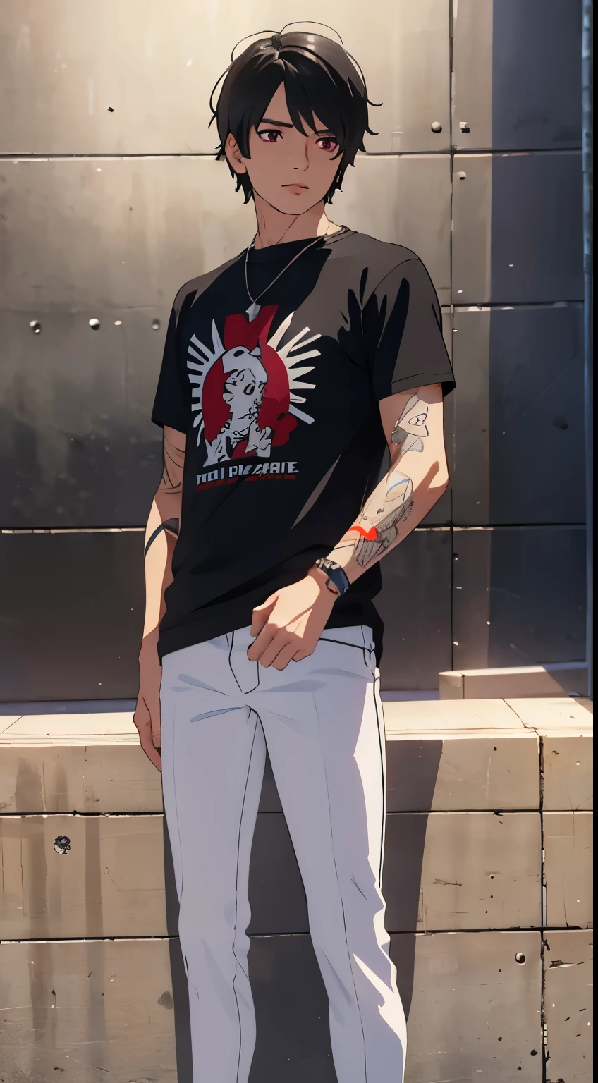 Men's Black Short Sleeve T-Shirt, white tight transparent pants, Sleeve tattoos, 10, high-res , Red Eyes, necklace, looking at the audience, Stand in front of the wall.