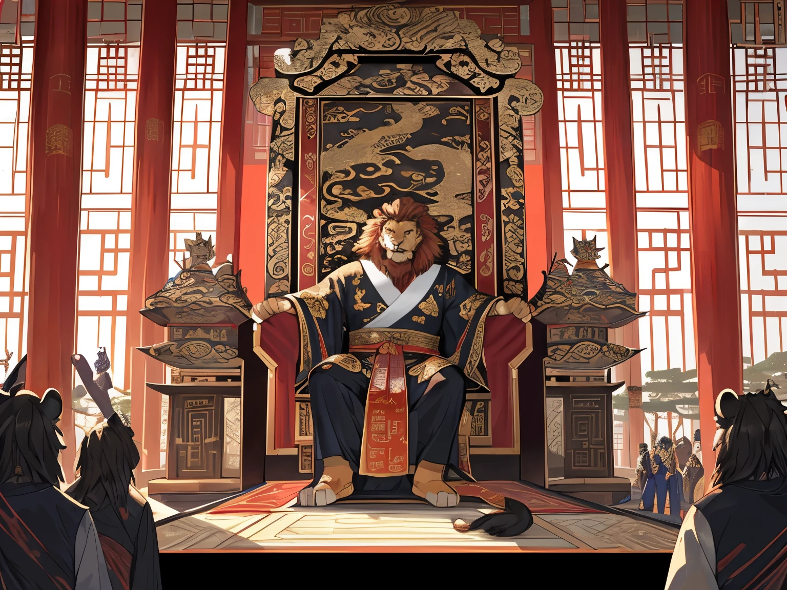 interior of chinese palace，Lion Man，The Emperor of China sits on his Dragon Throne，The emperor was dressed in ornate dragon robes，Looking down at the courtiers below，tmasterpiece, Best quality at best, The content is very detailed，The emperor faces the audience，The light is dim