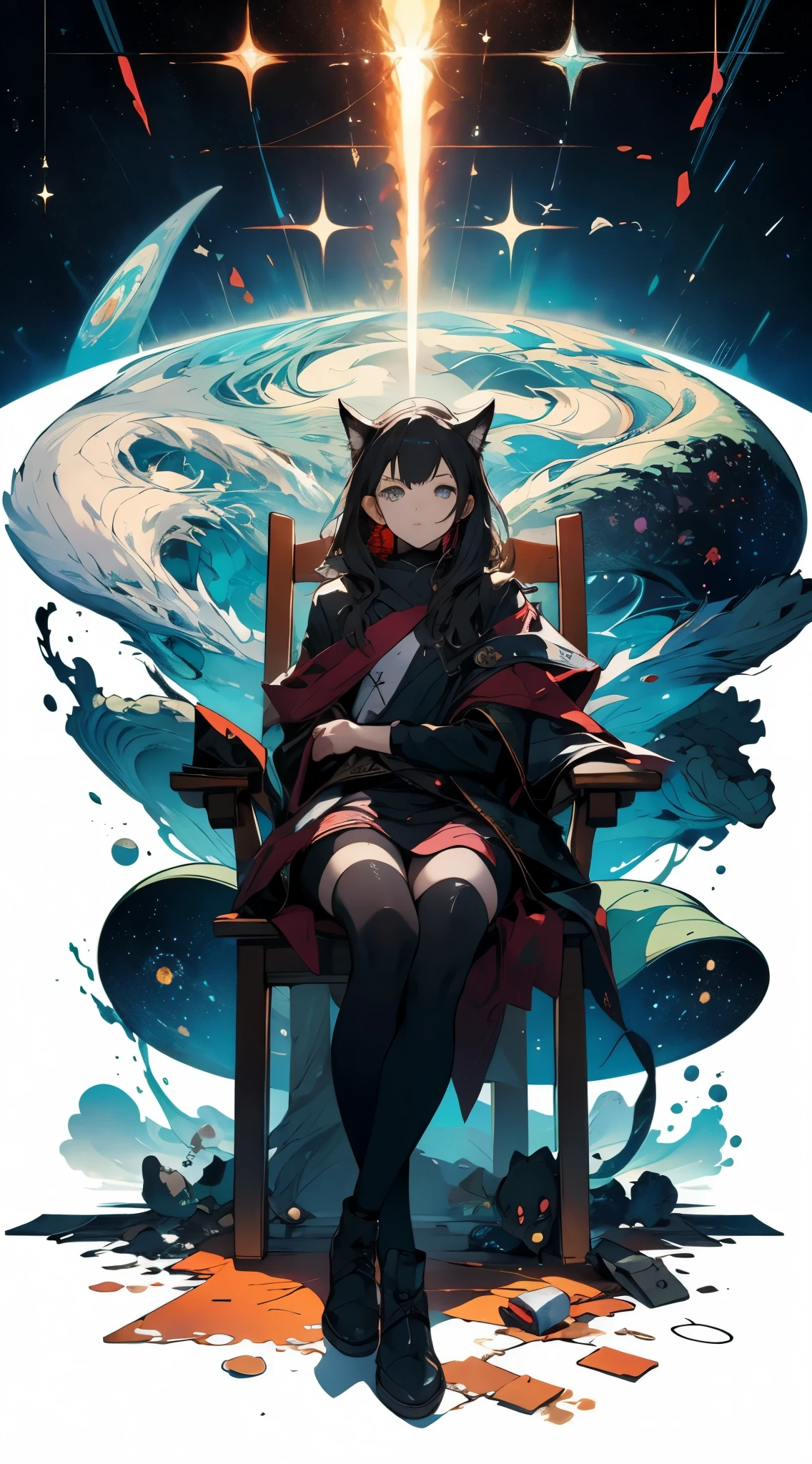 Anime girl sitting on chair with coffee cup in hand, alchemist girl, light novel cover art, offcial art, epic light novel art cover, offcial artwork, epic light novel cover art, change, outerspace, small curve change, cushart, cushart·库伦茨 (Kushat Kulenz) criticizing women in the art world, shadow poetry style, cute dwarf,