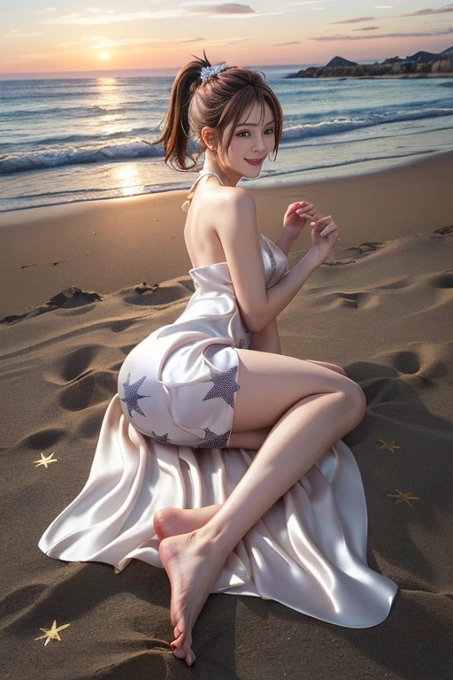 masutepiece, Best Quality, 23years old,Ultra-detailed, finely detail, hight resolution, 8K Wallpaper, Perfect dynamic composition, Natural Color Lip,(She is wearing a short silk star pattern dress.:1.5),(Ponytail:1.3),large full breasts,big butts,drawn action: (Girl sits with her legs stretched,barefoot on the sand 1.3),,(silk star pattern dress:1.4)20 years girl,(Full body:1.3),shot from a side angle:1.3,Enjoy the sunset,,((Sexy Pose)),Smiling,