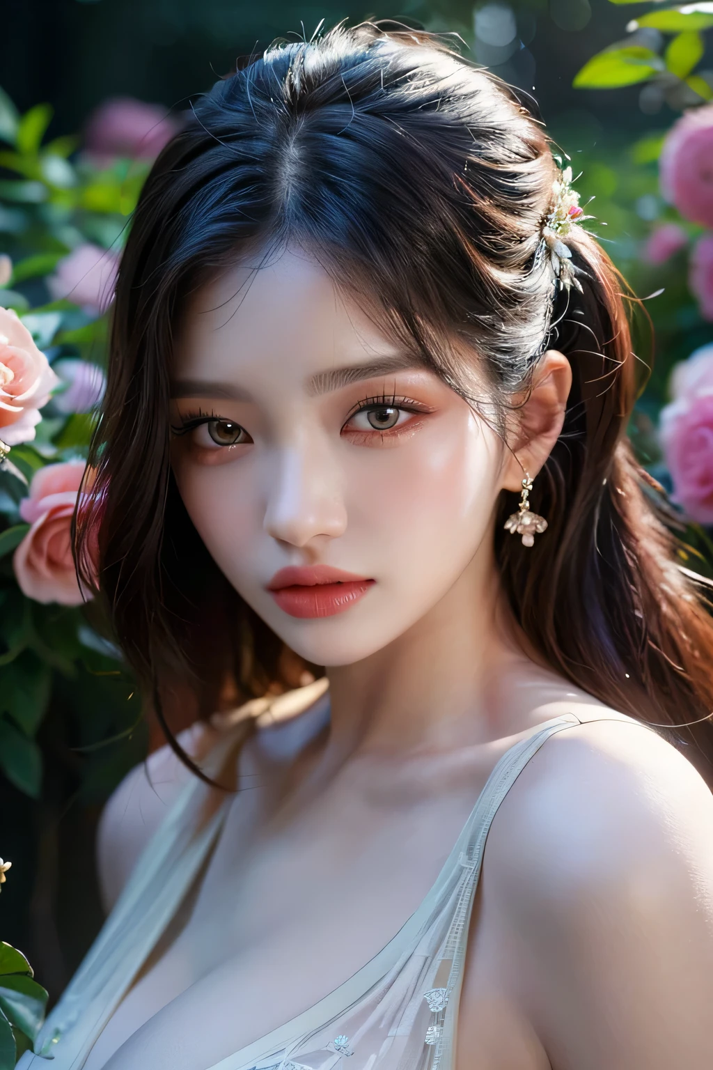 Garden girl, (Best Quality,4K,8K,hight resolution,masutepiece:1.2),Ultra-detailed, (Photorealistic:1.37), Oil Painting, Beautiful detailed eyes, Beautiful detailed lips, extremely detailed eye and face, long eyelashes, Vibrant colors, Soft lighting, blooming flowers, Flowing gown.