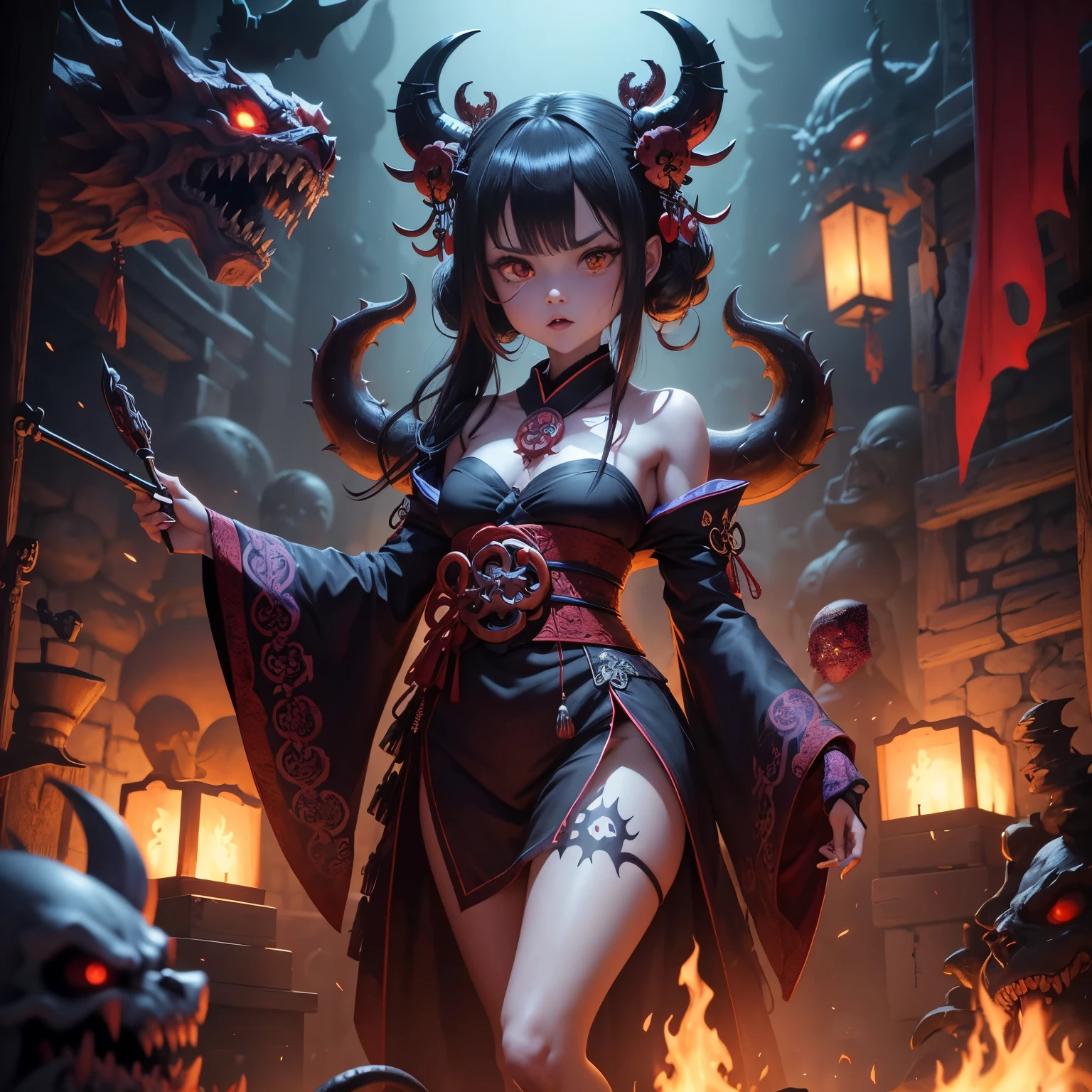 Ghoul, youkai, Oni, demon slayer, budismo, bestial skull, Shinto creatures, anime, Japan, hannya, correntes ensanguentadas, preso, ossos Behemoth, manic eye aberration, membros suturados, tentacles, ossos, dentes, presas afiadas, acorrentado, expression of insanity, loucura, dungeon dungeon environment, inferno, Hades, manga, 8k, qualidade ultra HD.