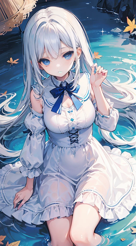 vestido blanco de enfermera,teta enorme,The top is buttoned at the chest.,girlish,Cabello largo azul claro,Ojos azul claro,cama blanca,浴室,Medias negras lence,cabello mojado,Freshly washed Fall to the floor
